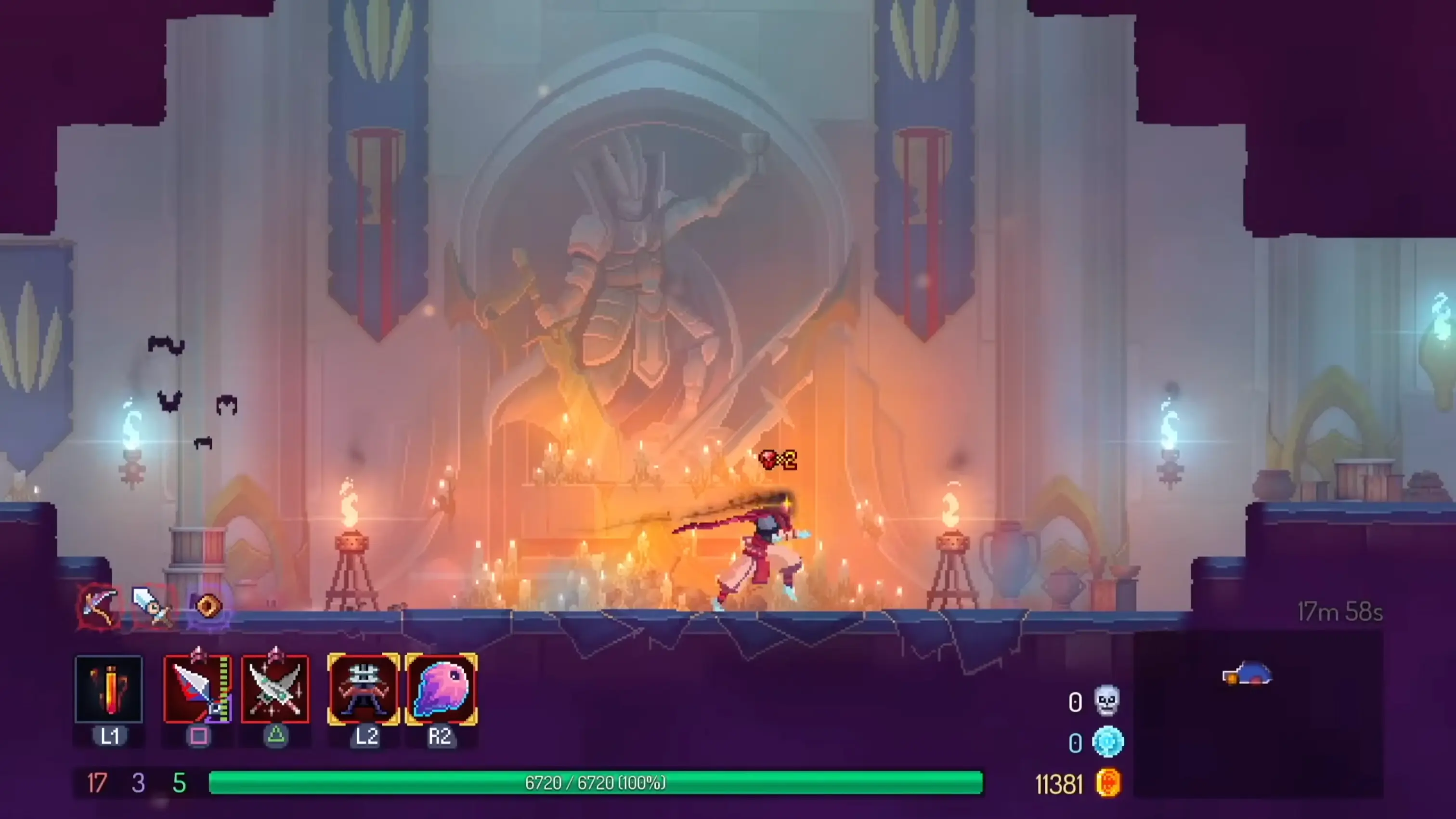 A massive, defaced statue of the Island's King in the High Peak Castle biome.