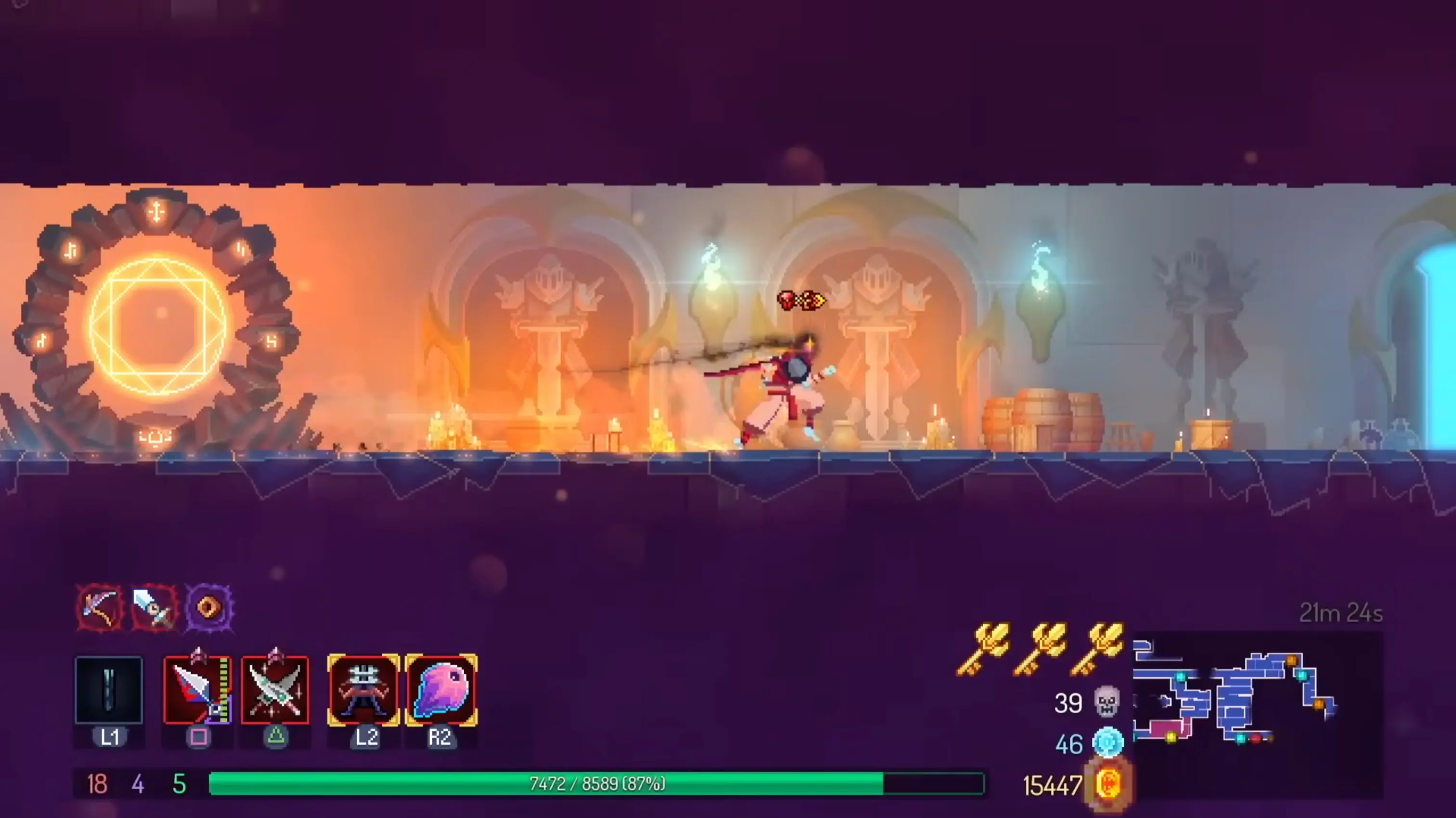 The Beheaded running through the Promenade of the Condemned, a vibrant but decaying outdoor biome filled with enemies.