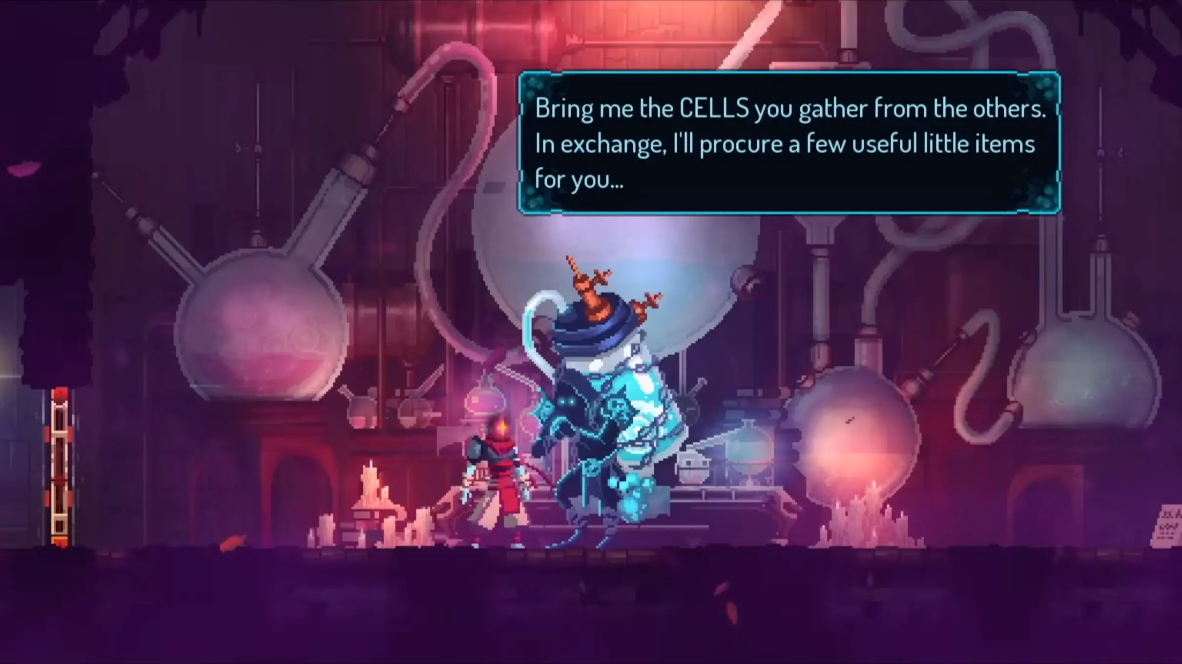 The Beheaded interacting with the towering, masked Collector to unlock new weapons and permanent upgrades.