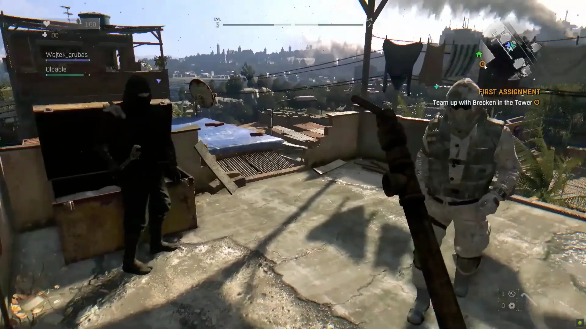 Four players standing side-by-side on a high-tension wire, looking down at the zombie-infested streets below in a static pose.