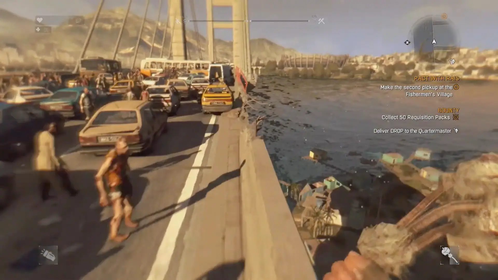 A wide, static vista of the massive, collapsed Infamy Bridge covered in abandoned cars and fog.