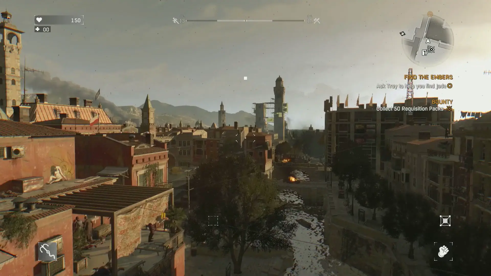 A wide, still view of the towering European-style historical buildings of Sector 0, bathed in afternoon sunlight.