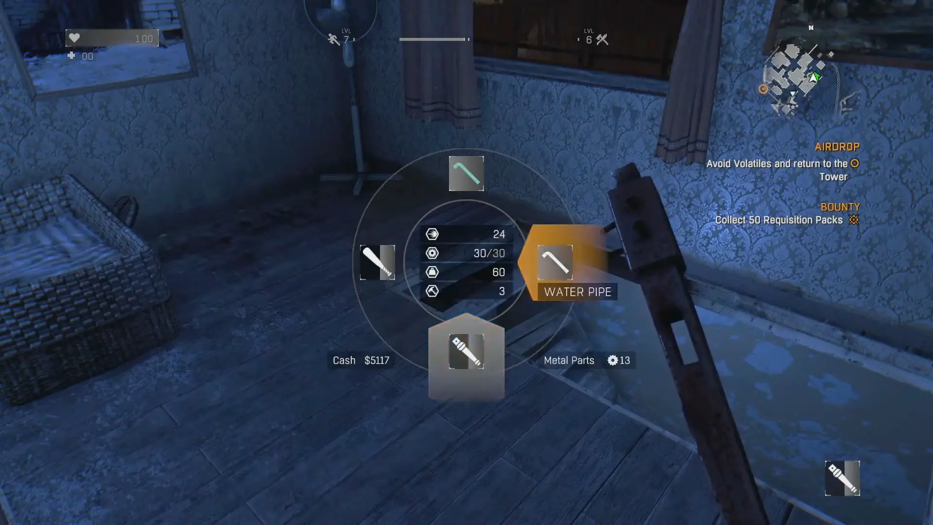 Crane standing in a UV-lit safe zone, looking down at a static workbench covered in blueprints, duct tape, and weapon parts.