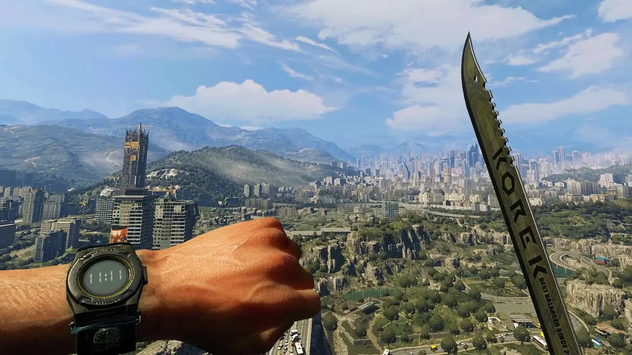 A static first-person close-up of Crane holding up his left arm to look at his digital watch reading 20:45, with long shadows in the background.
