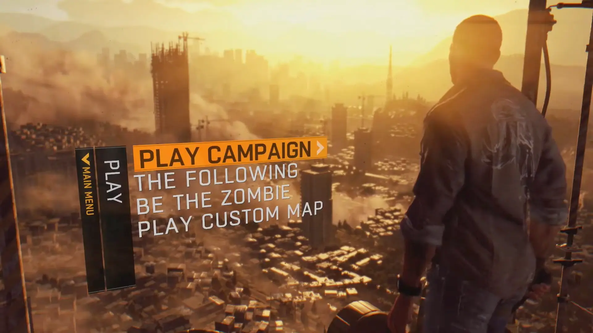 The iconic Dying Light main menu title screen over a gritty, blood-spattered background.