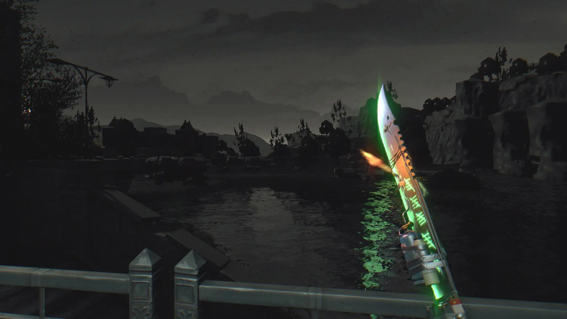 A first-person idle shot of Crane holding a heavily modified, electrified machete in a dark, empty hallway.