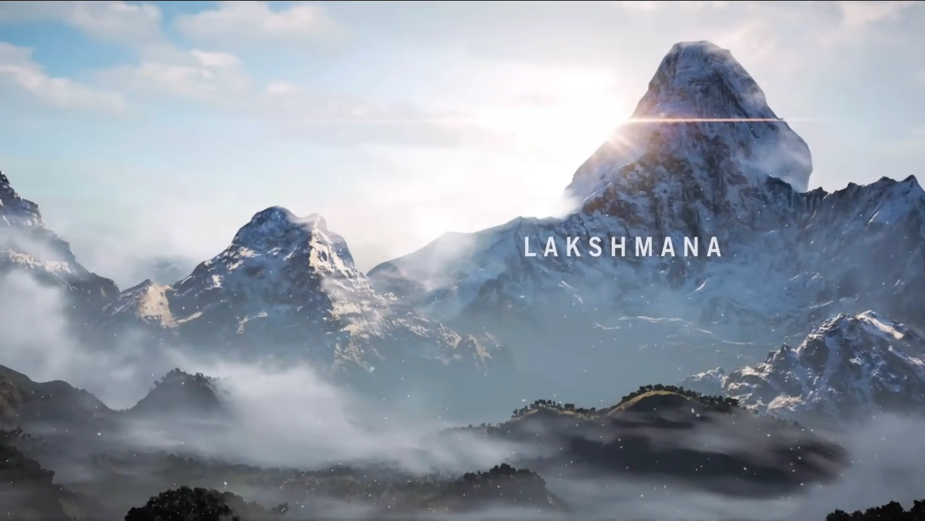 A breathtaking, wide shot of the Himalayan landscape of Kyrat, featuring towering snow-capped mountains and a lush, dangerous valley.