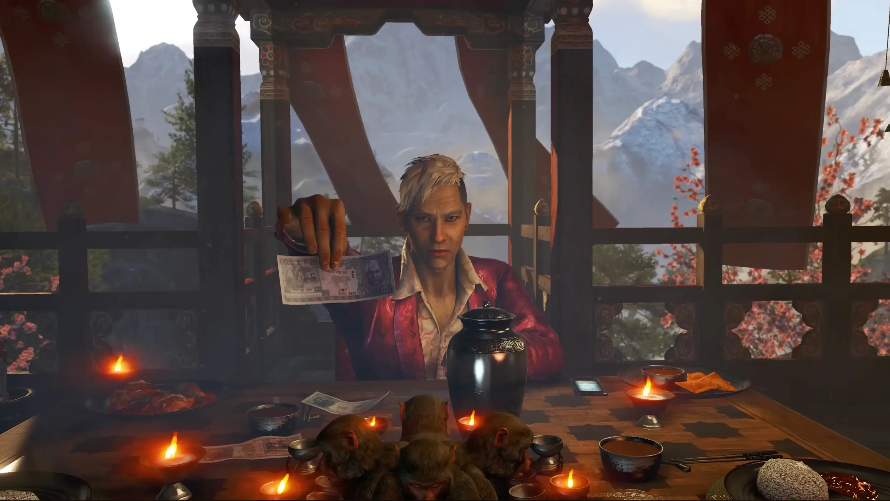 Pagan Min in his striking pink suit, sitting at a lavishly set dining table during the game's iconic opening cinematic.