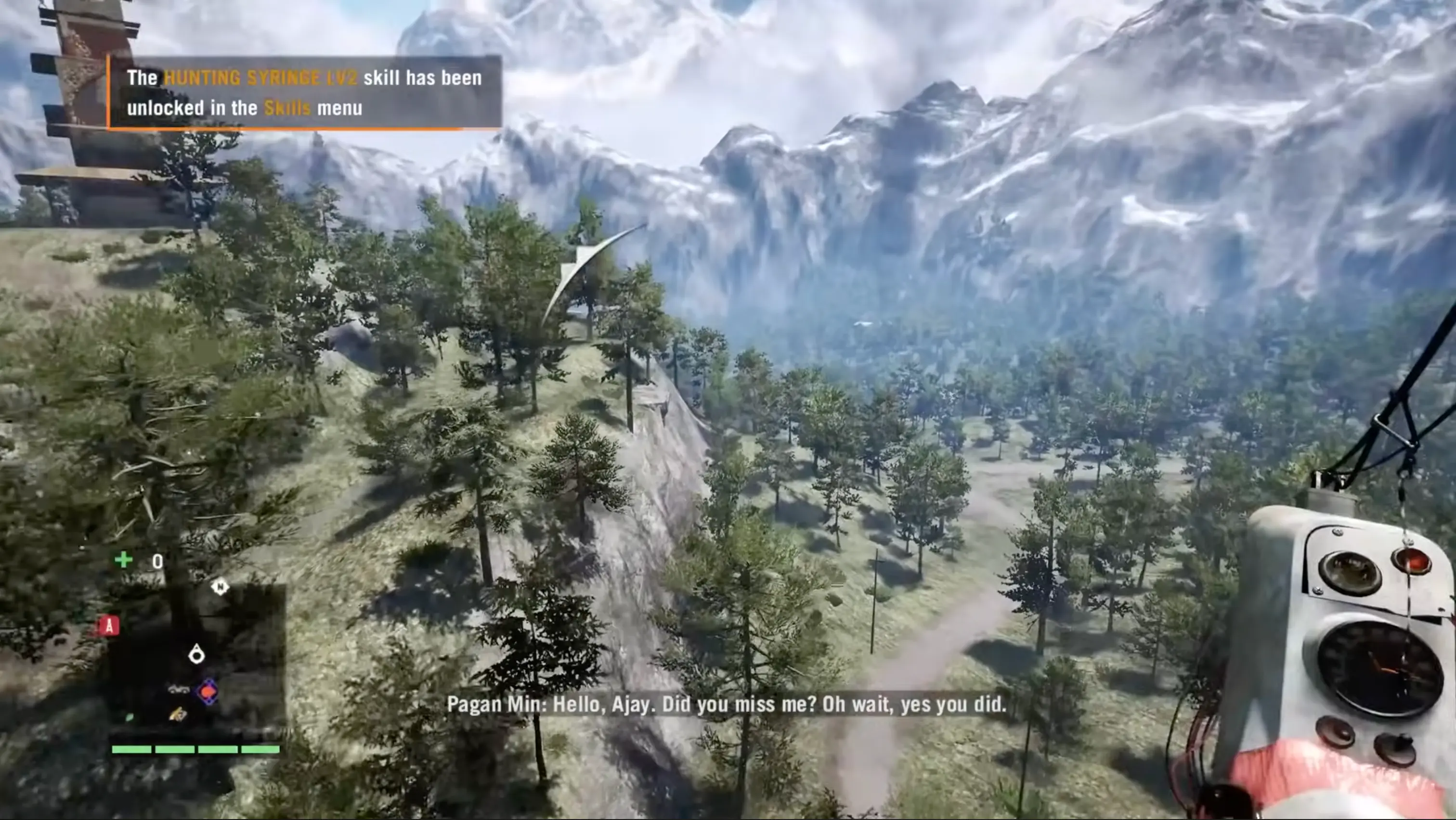 A close-up of Pagan Min holding a walkie-talkie, his expression smug and patronizing as he taunts Ajay Ghale.