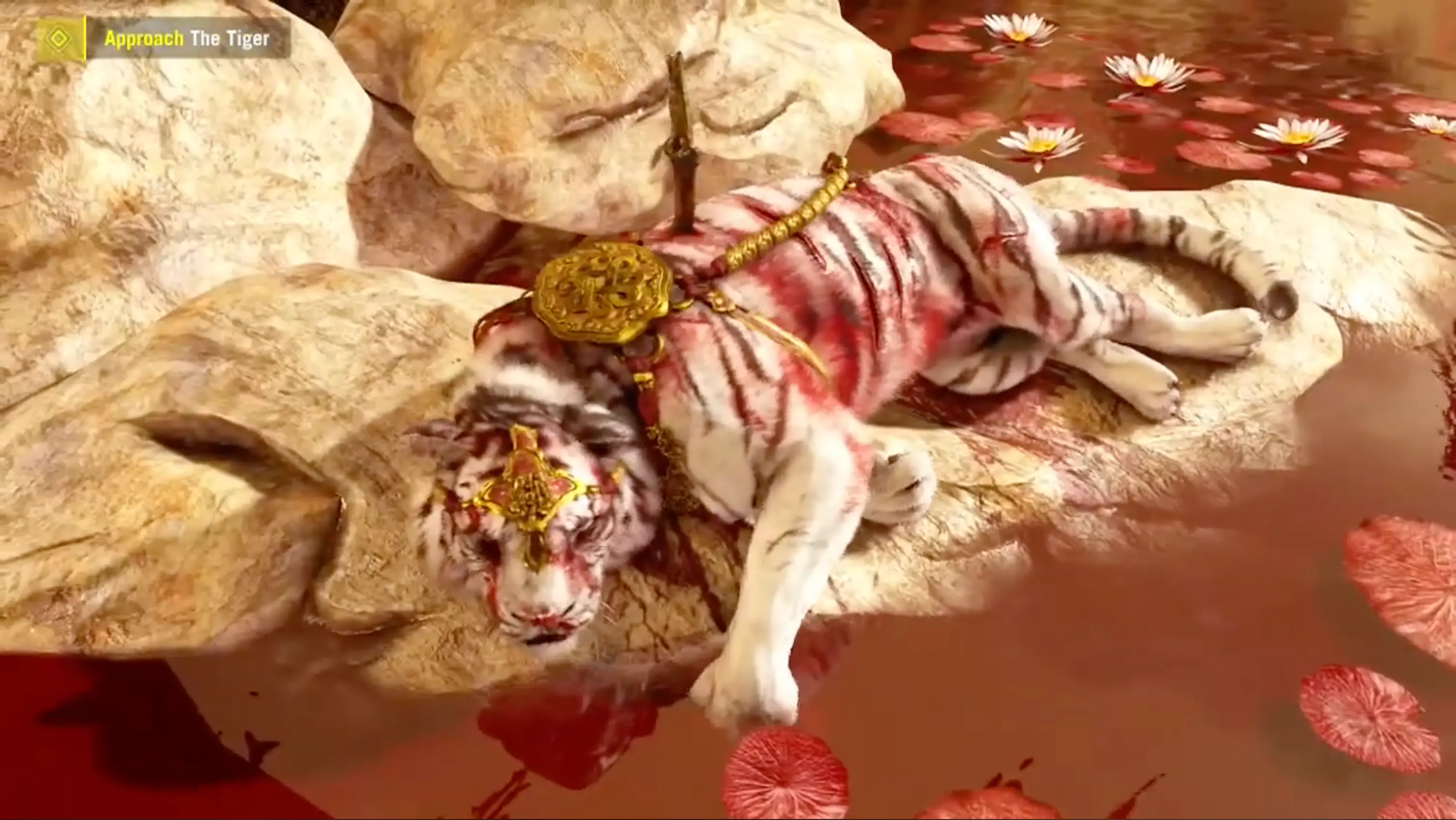 The mystical, blood-red skies of Shangri-La, featuring the mythical Kalinag and his spectral, heavily armored white tiger companion.