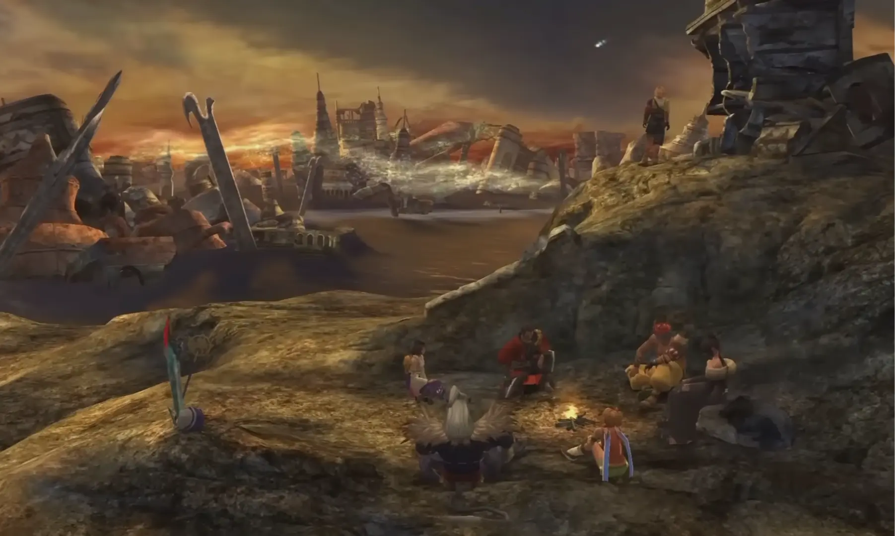Tidus standing in the ruins of a campfire, the legendary opening scene of Final Fantasy X.