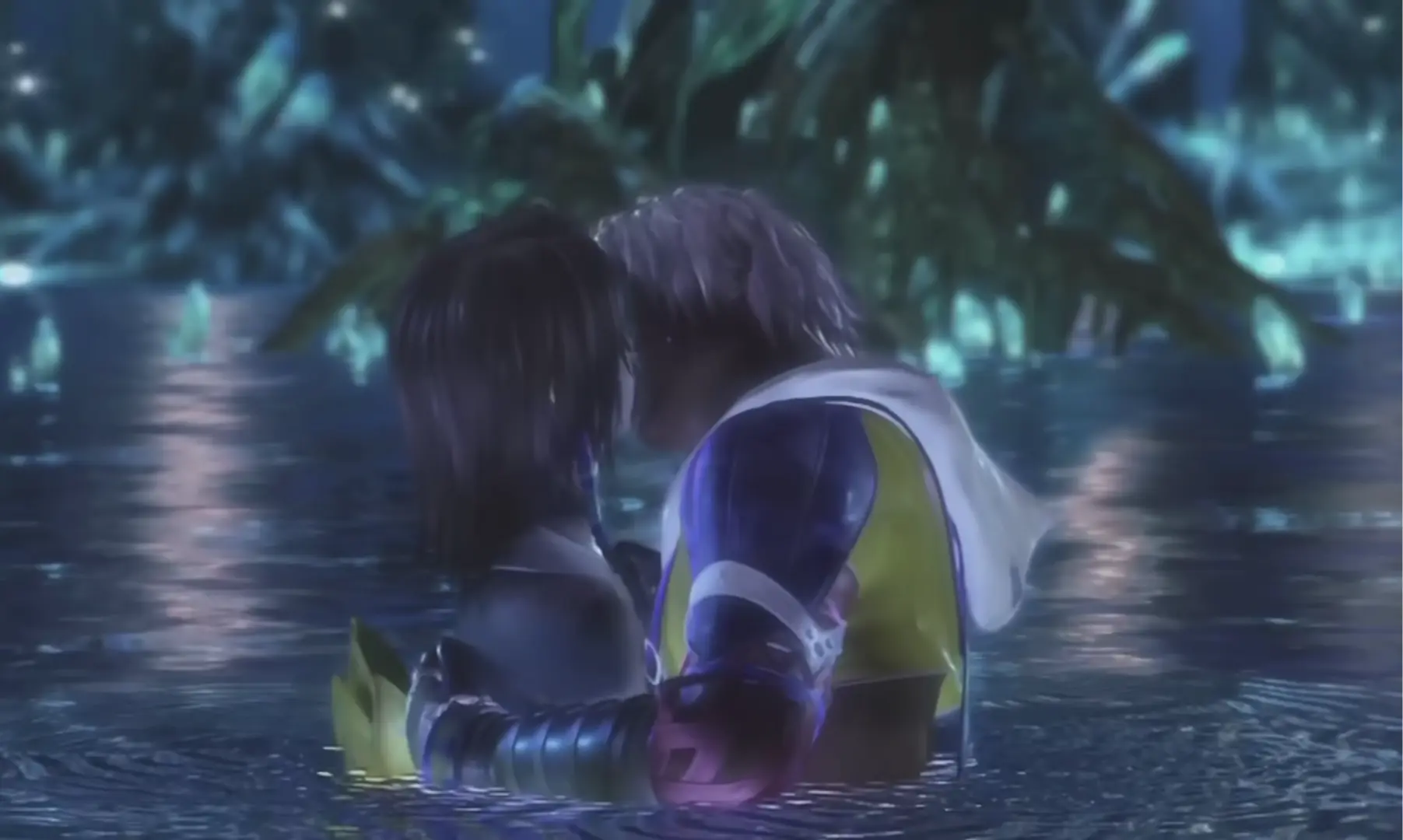 The iconic and emotional scene of Tidus and Yuna in the Macalania Lake.