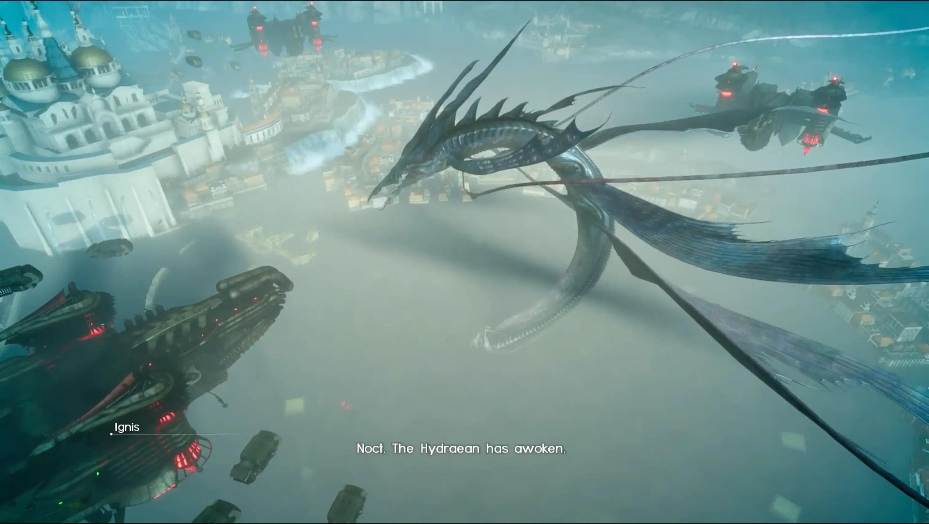 The breathtaking, flooded city of Altissia as the colossal water astral Leviathan erupts from the ocean, towering over Noctis.