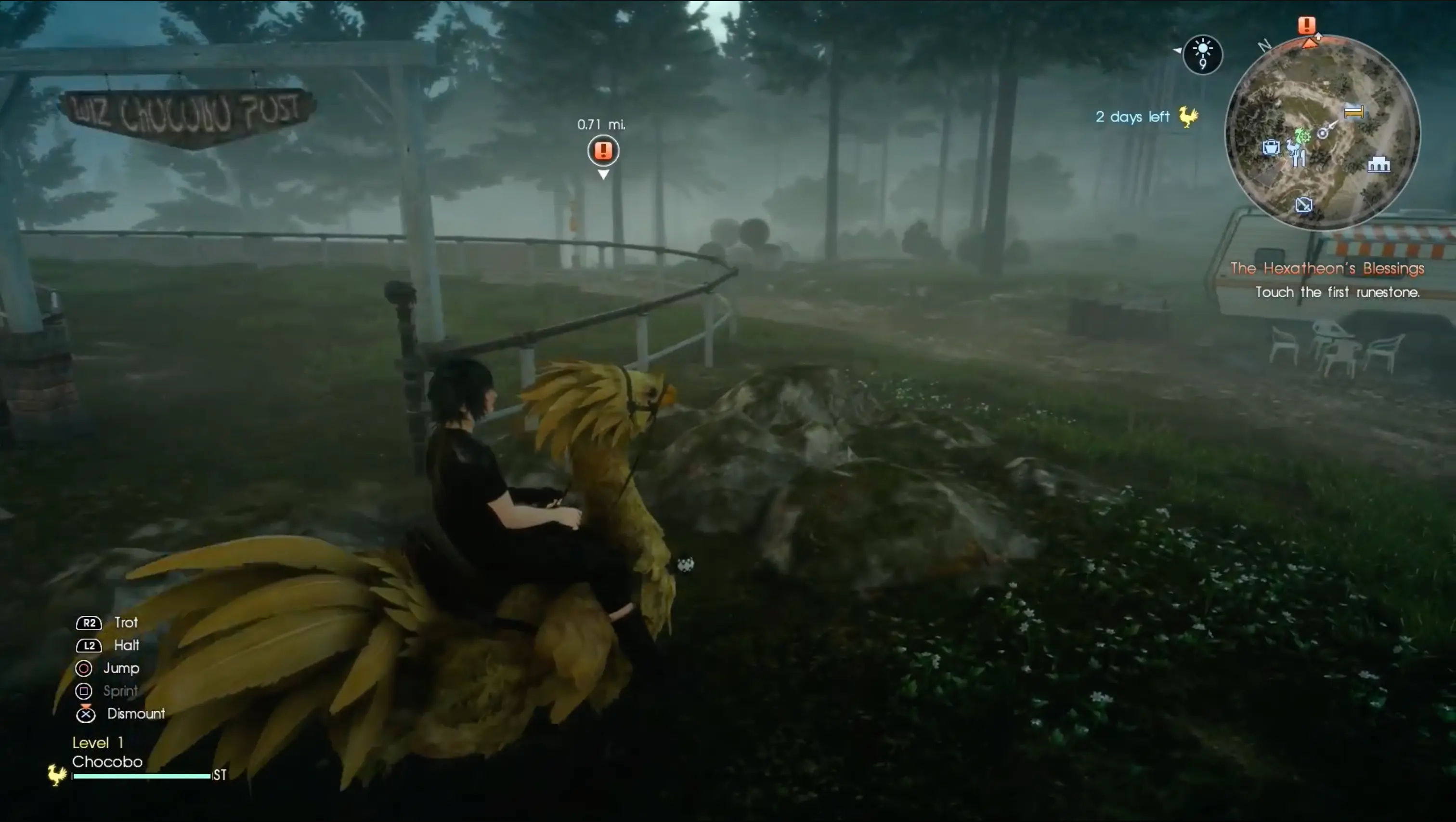 The four friends happily riding brightly colored Chocobos across the lush, green plains of the Duscae region.