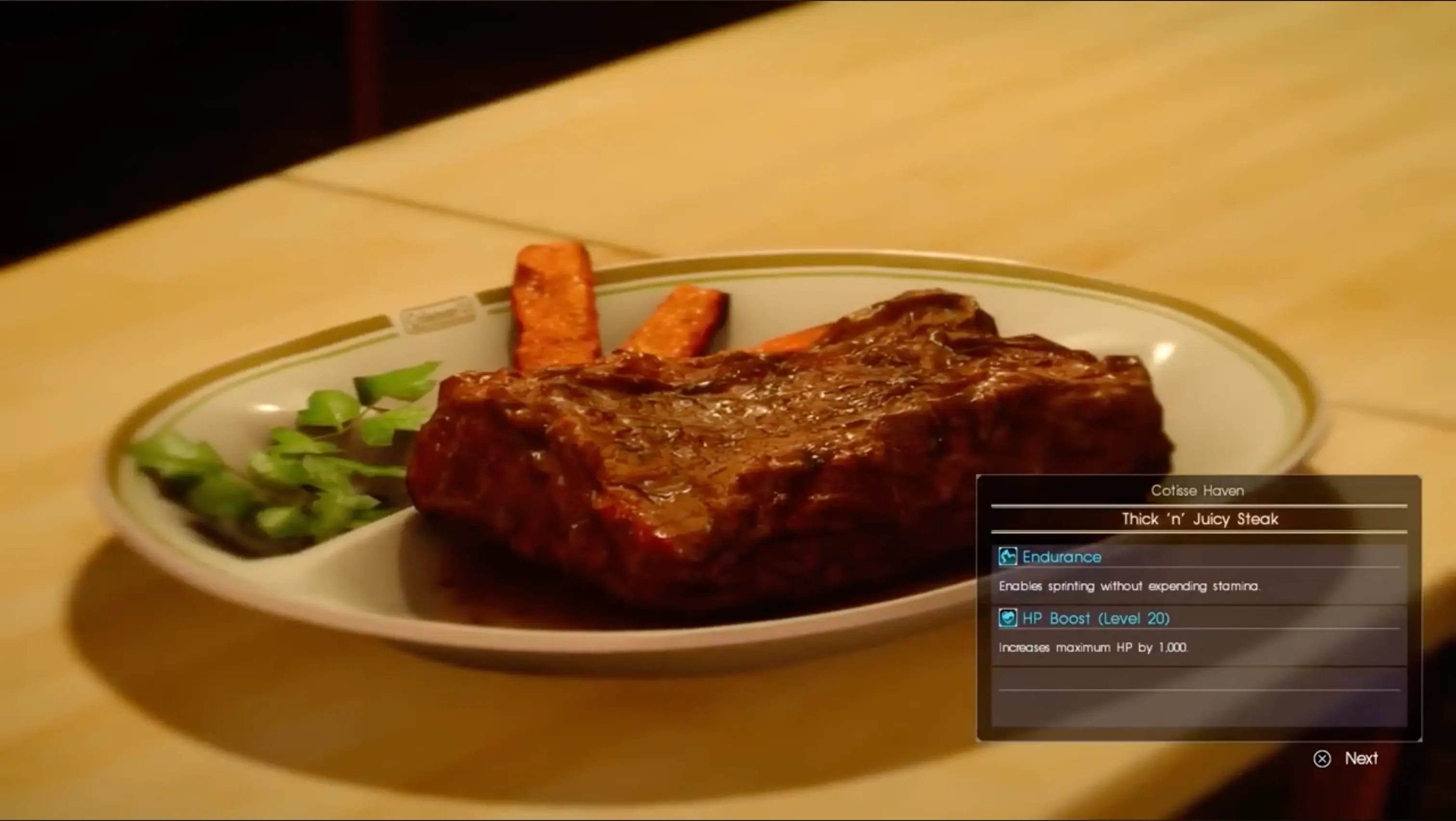 A photorealistic shot of one of Ignis's culinary masterpieces, a sizzling steak topped with herbs, glowing with stat-boosting magic.