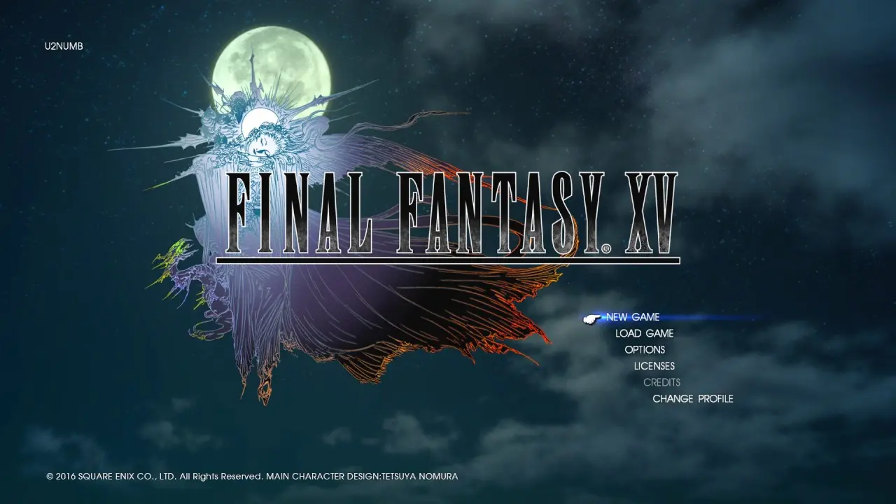 Final Fantasy 15 main menu with night sky