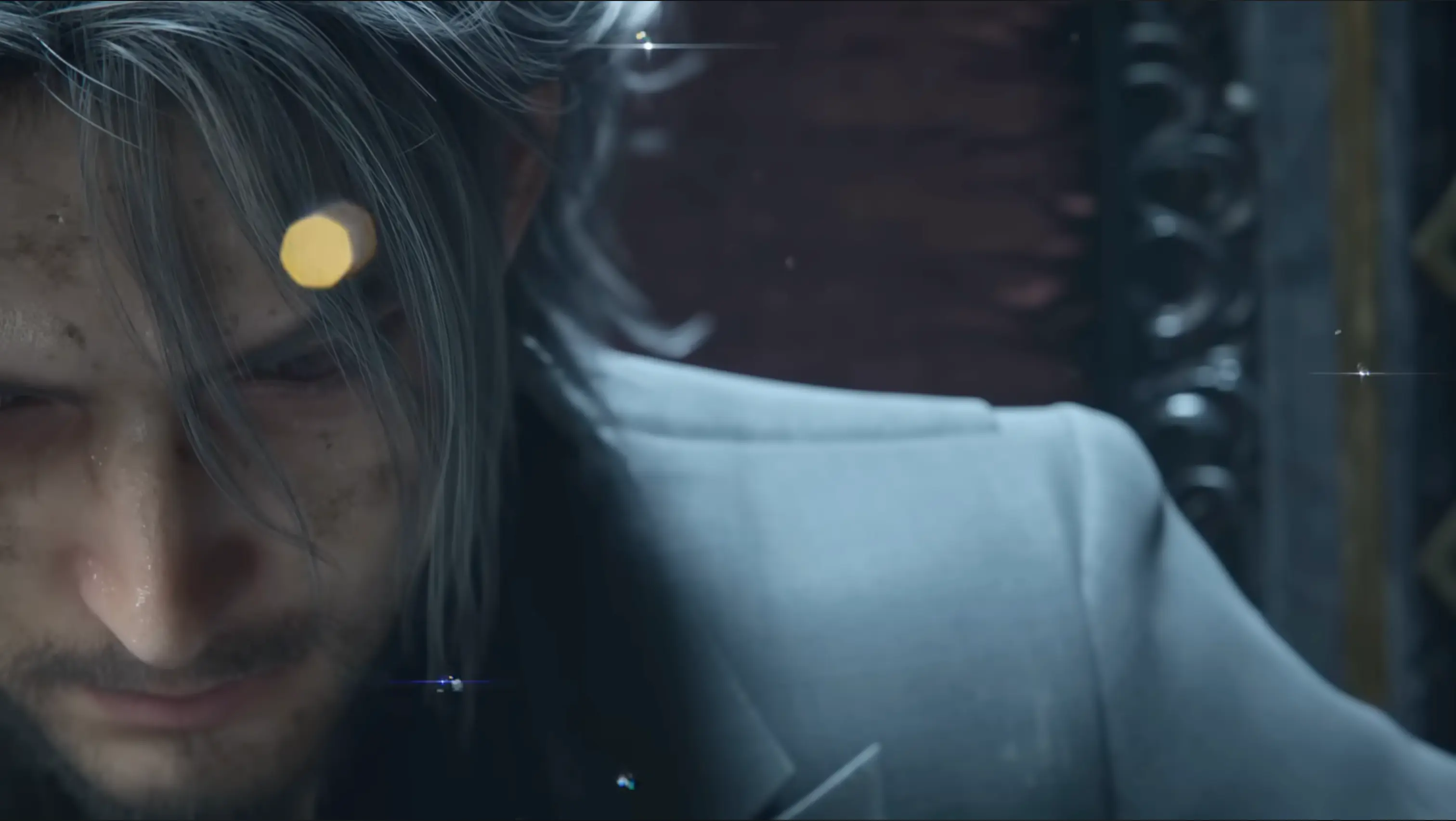 A much older, bearded Noctis sitting on the throne of Lucis, his eyes filled with sorrow and the heavy burden of a king.