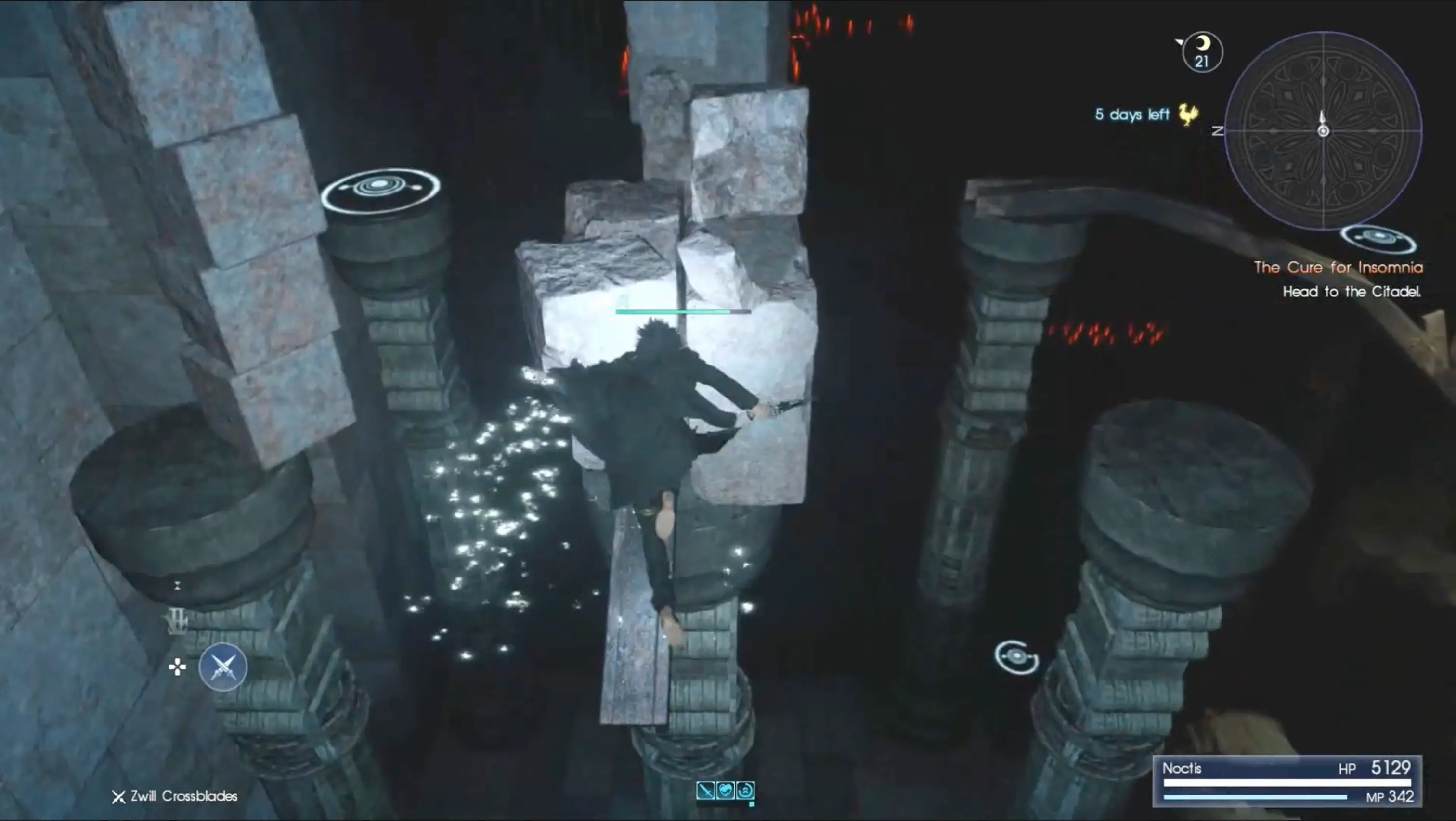 A dizzying, dark, gravity-defying platforming section inside the infamous and secretive Pitioss Ruins dungeon.