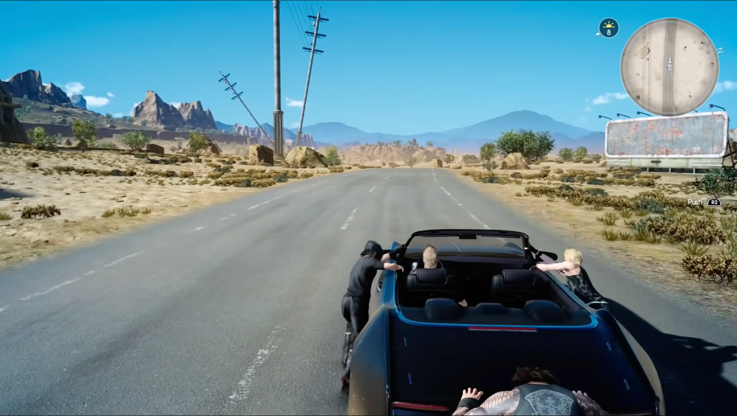Noctis, Gladiolus, Ignis, and Prompto pushing the broken-down Regalia down a sun-drenched desert highway.