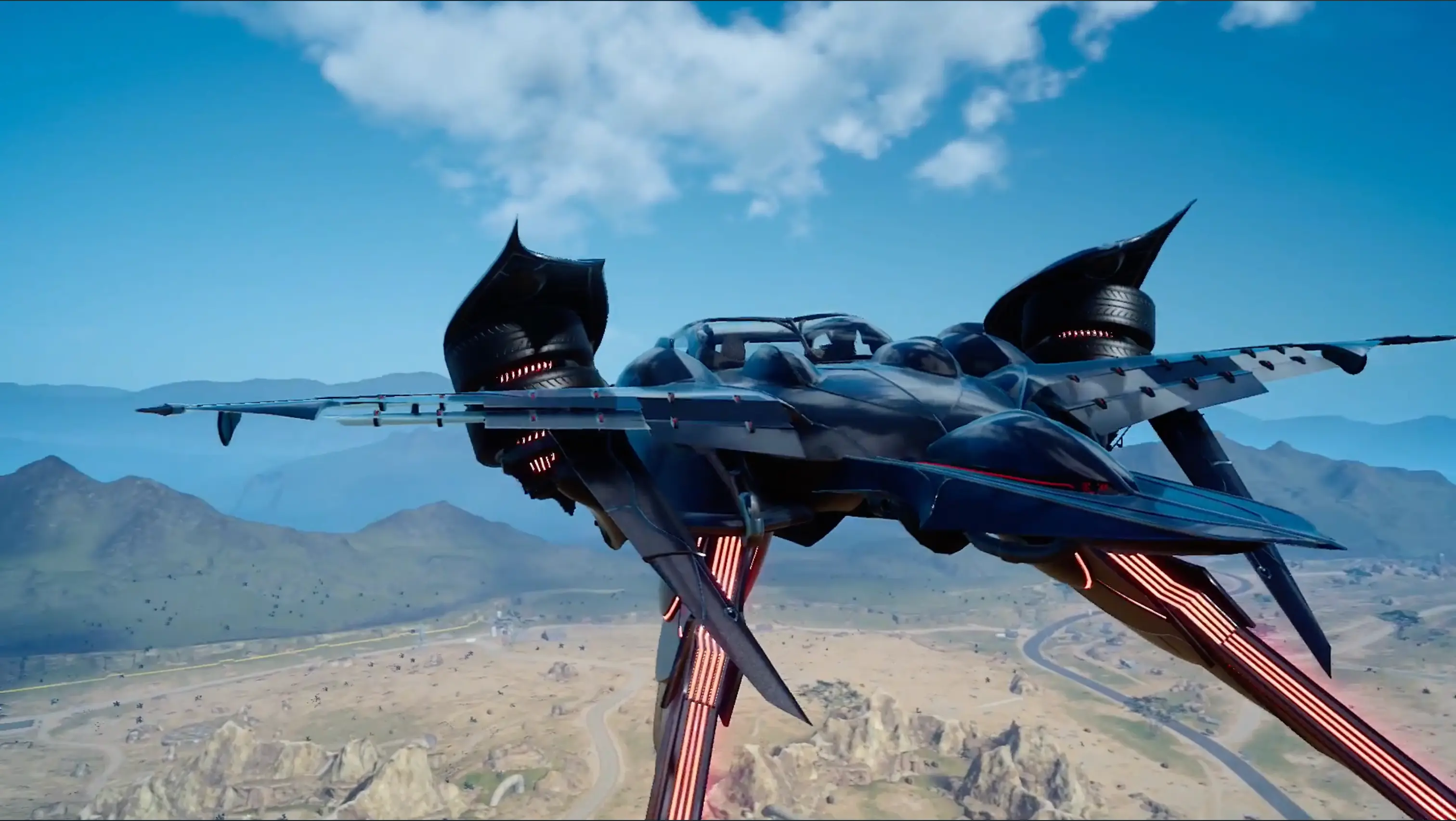The Regalia transformed into a sleek, flying jet-car, soaring high above the clouds over the continent of Eos.