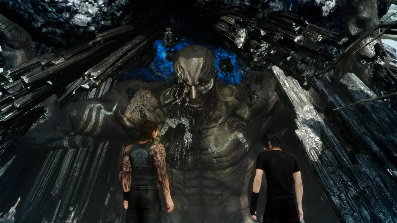 The Astral god Titan, a mountain-sized giant, holding up a massive chunk of earth as Noctis desperately defends himself.