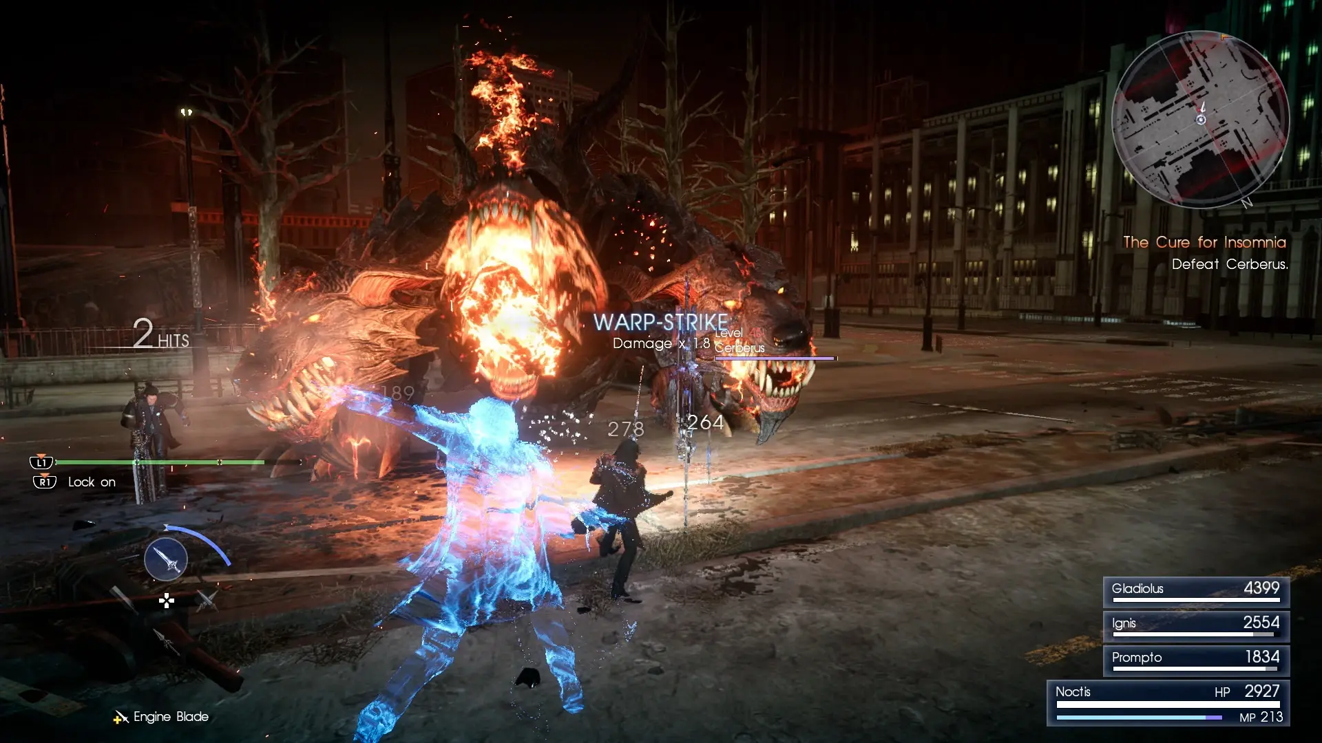 Noctis mid-air, bathed in blue light, executing a devastating Warp Strike against a massive Behemoth.