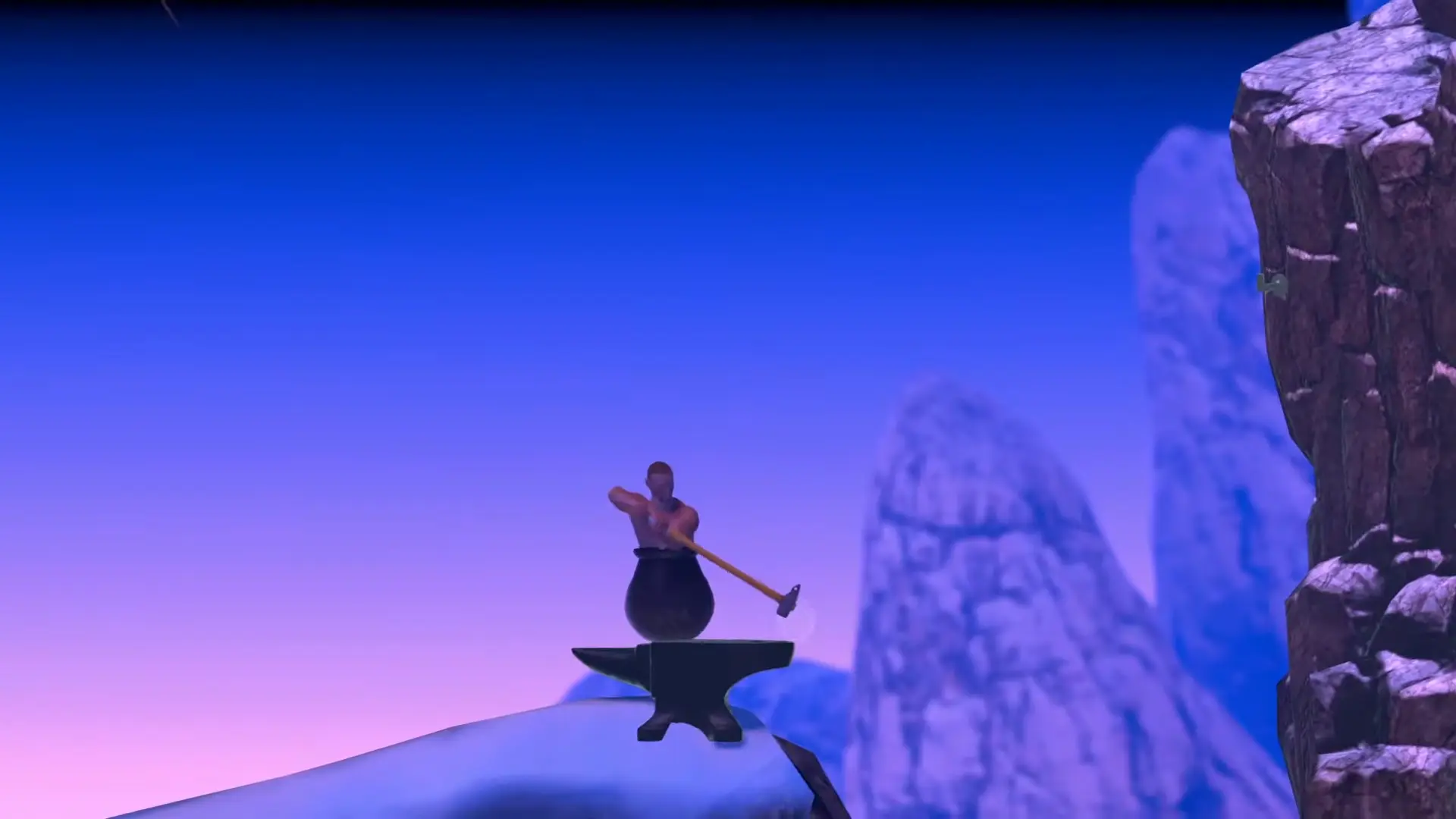 Diogenes resting precariously on top of a massive, rusted anvil near the upper atmosphere of the game.