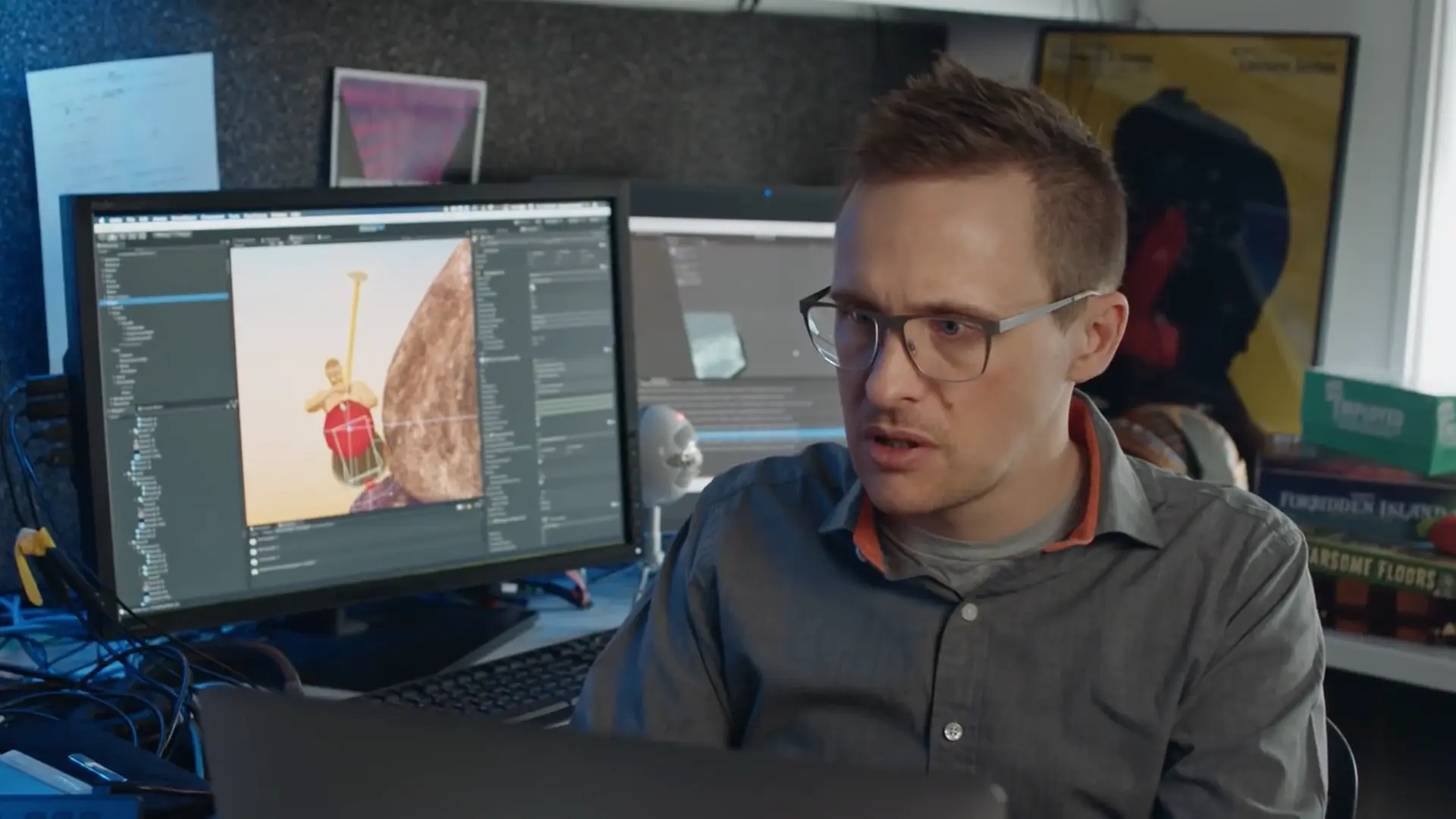A stylized graphic showing the game's creator, Bennett Foddy, looking thoughtfully at a monitor, symbolizing his ever-present narration.