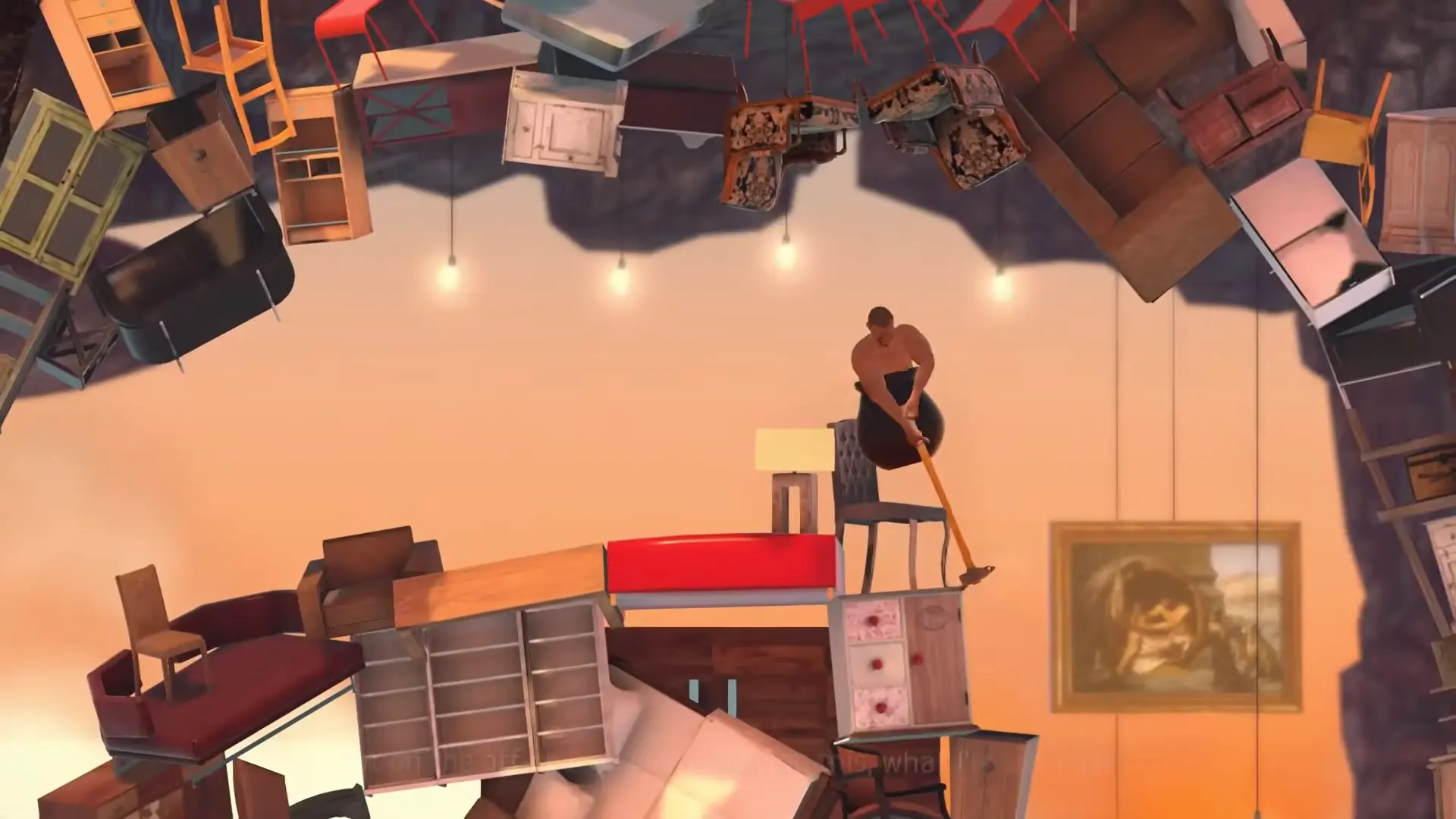 The hammer carefully hooking onto a floating office chair suspended amidst a bizarre tower of discarded furniture.