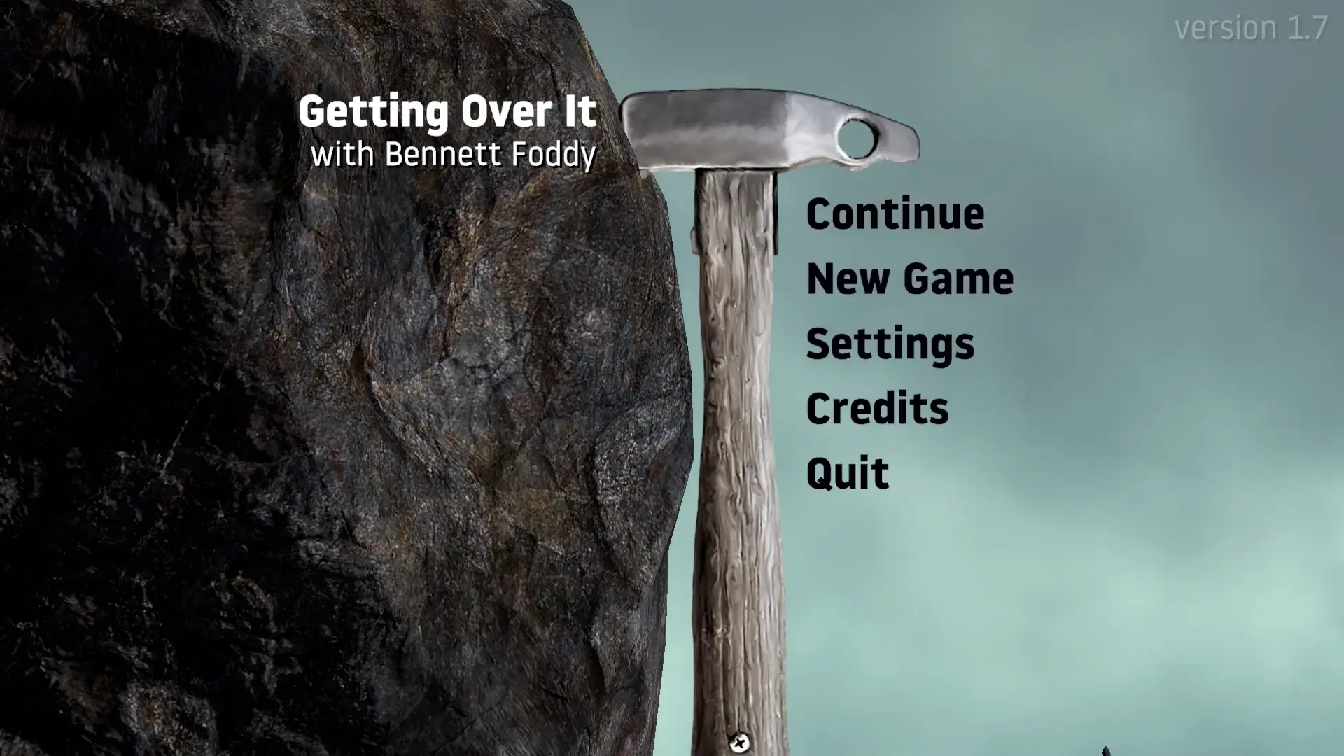 The minimalist main menu of Getting Over It, featuring the cauldron and hammer resting quietly.