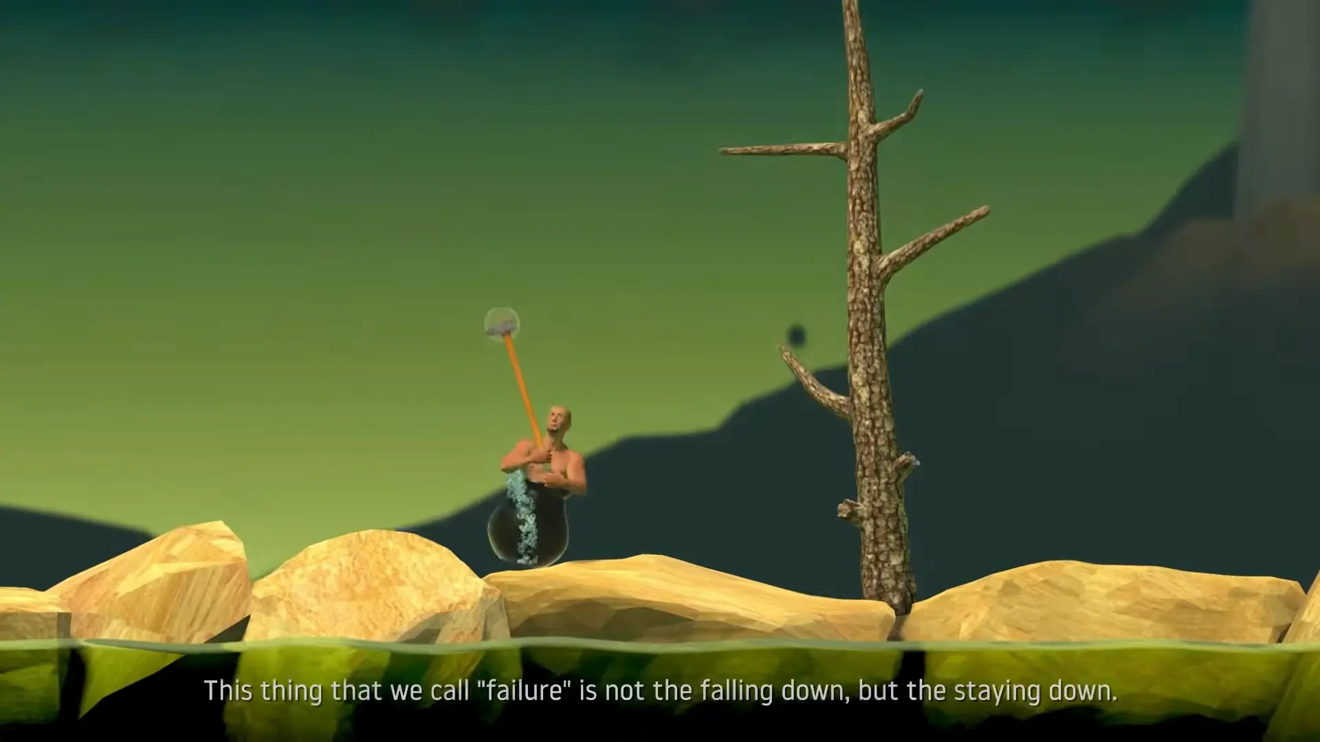 The screen fading to a slight sepia tone with a classic quote about failure displayed across the screen while melancholic music plays.