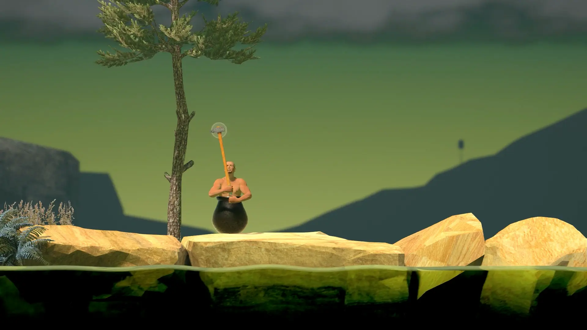 Diogenes emerging from his cauldron at the bottom of the mountain, facing the infamous dead tree that serves as the game's first real obstacle.