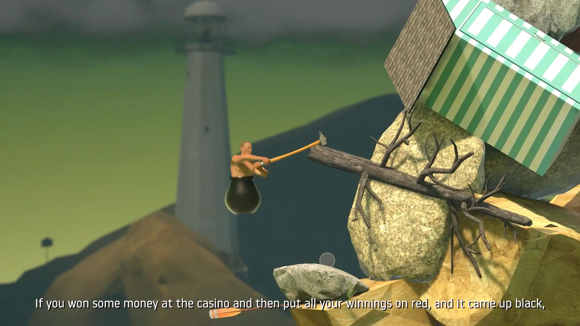A close-up shot showing the sledgehammer hooking onto a rocky outcropping, highlighting the pure physics-based tension of the climb.