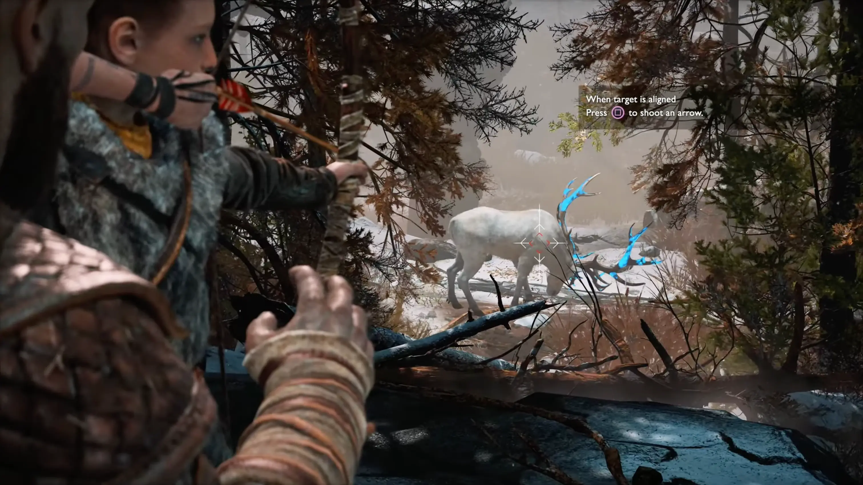 Atreus drawing his Talon Bow with glowing magical energy, providing crucial ranged support while Kratos brawls with Draugr in the background.