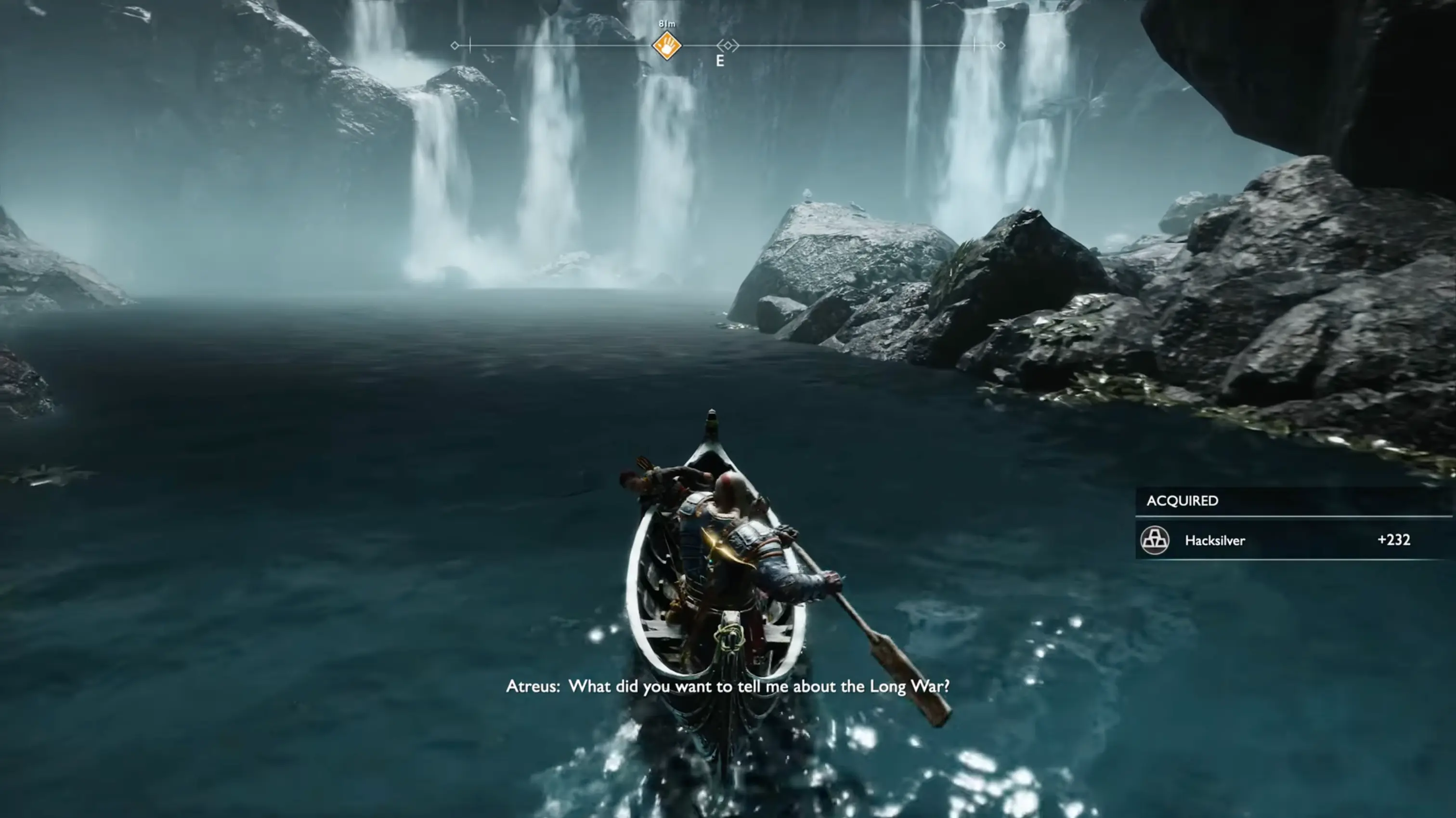 Kratos rowing a small wooden canoe across the misty waters while Atreus listens intently to a story being told.