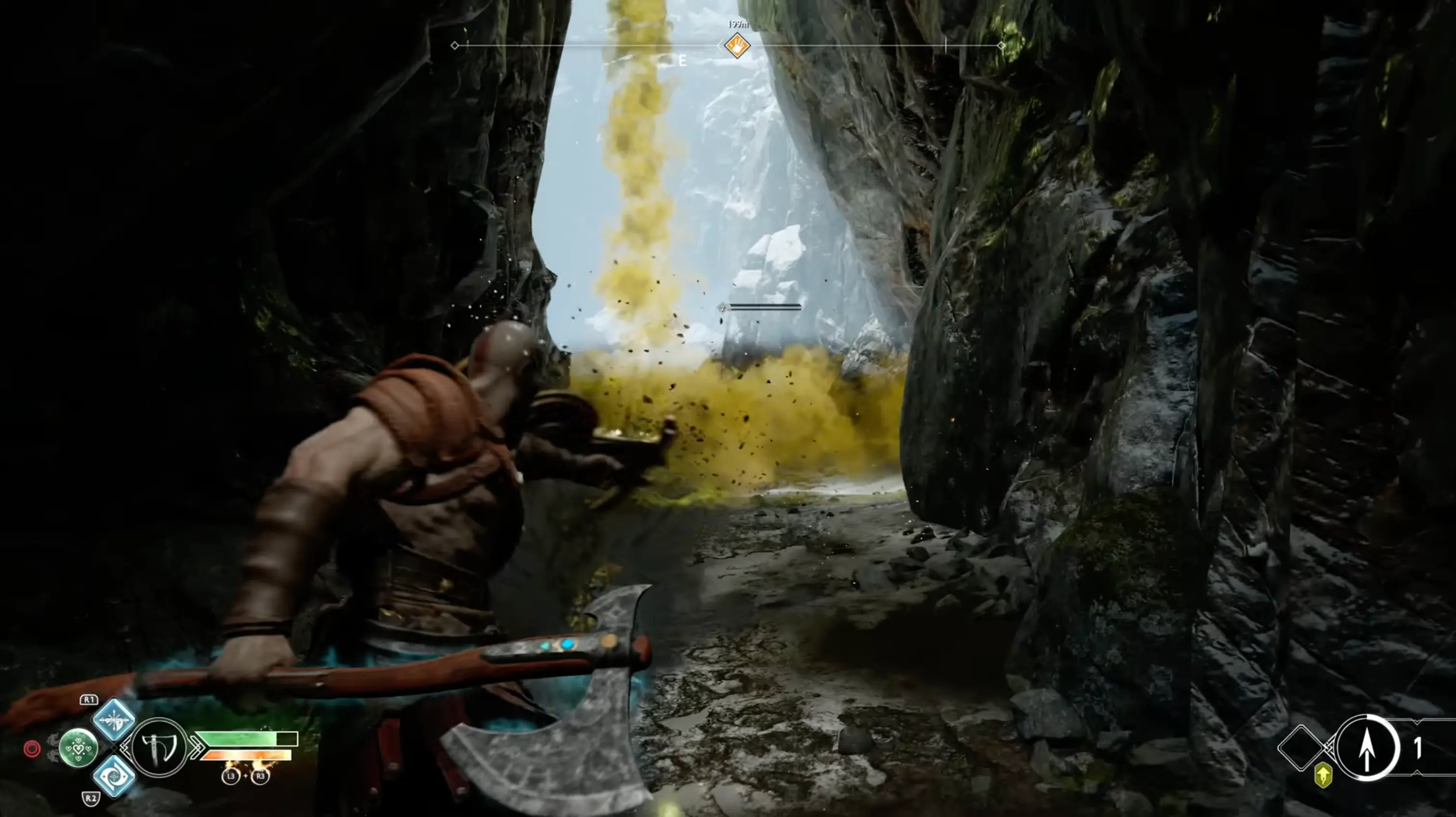 Kratos extending his frost-covered hand as the magical Leviathan Axe violently spins through the air to return to his grasp.