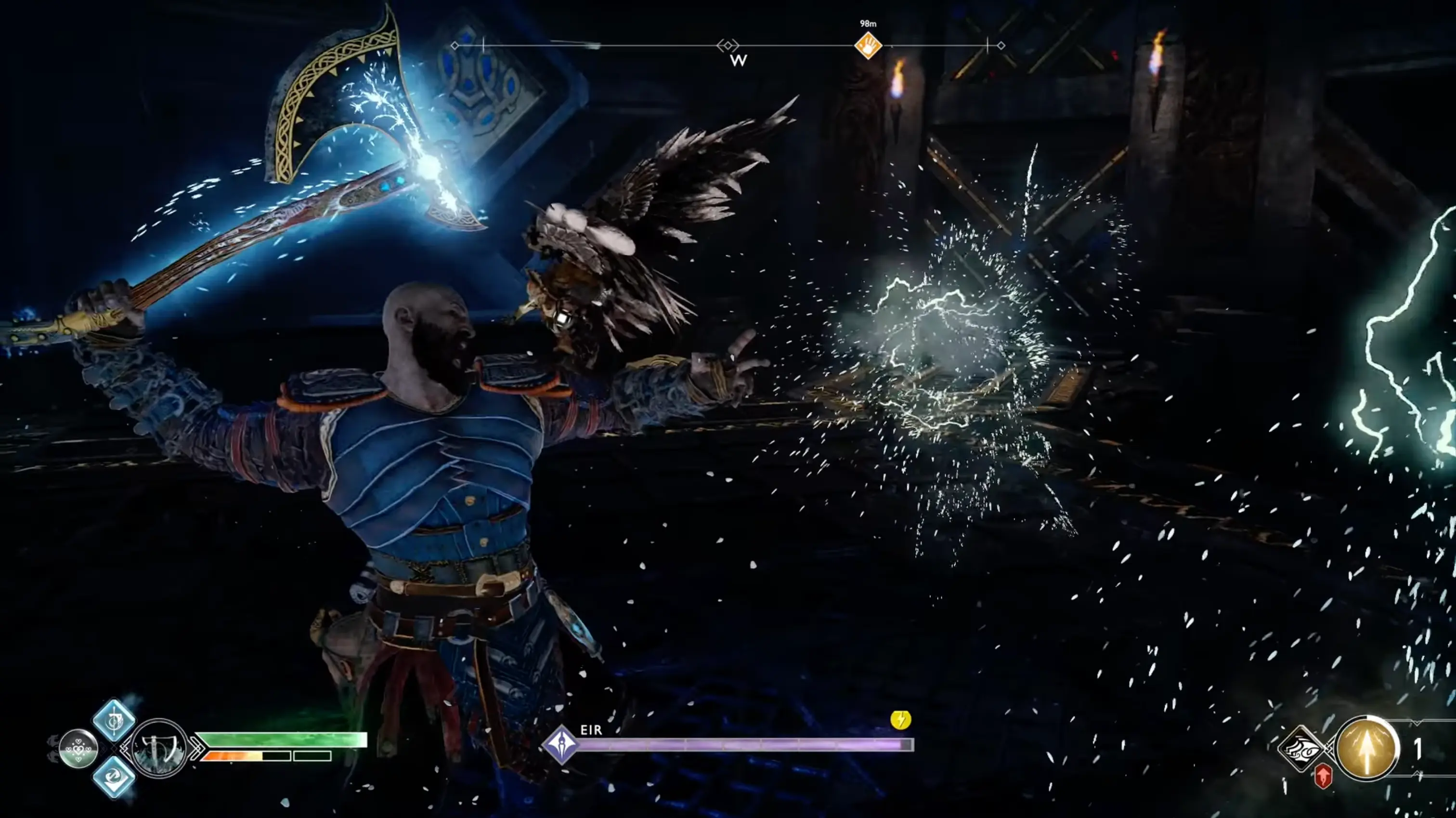 Kratos in a desperate, high-speed parry against Sigrun, the terrifyingly powerful Valkyrie Queen, in a grand circular arena.