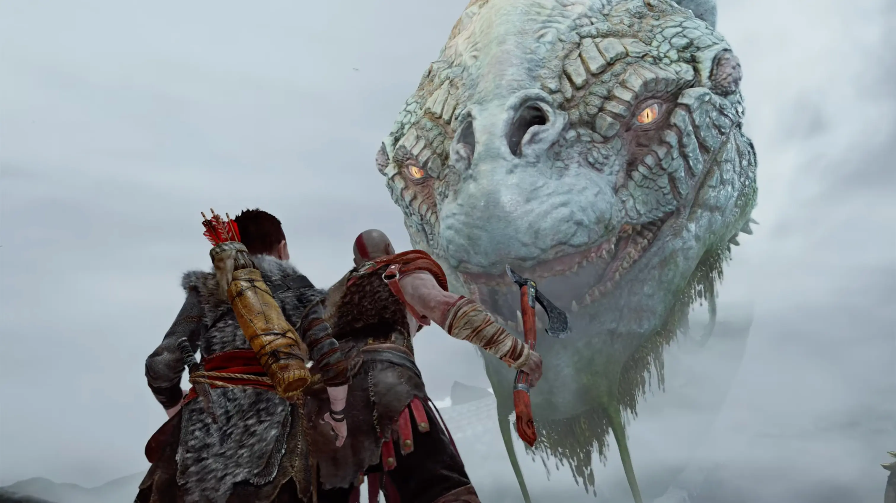 The colossal, impossibly massive World Serpent, Jörmungandr, rising from the Lake of Nine to tower over Kratos and Atreus.
