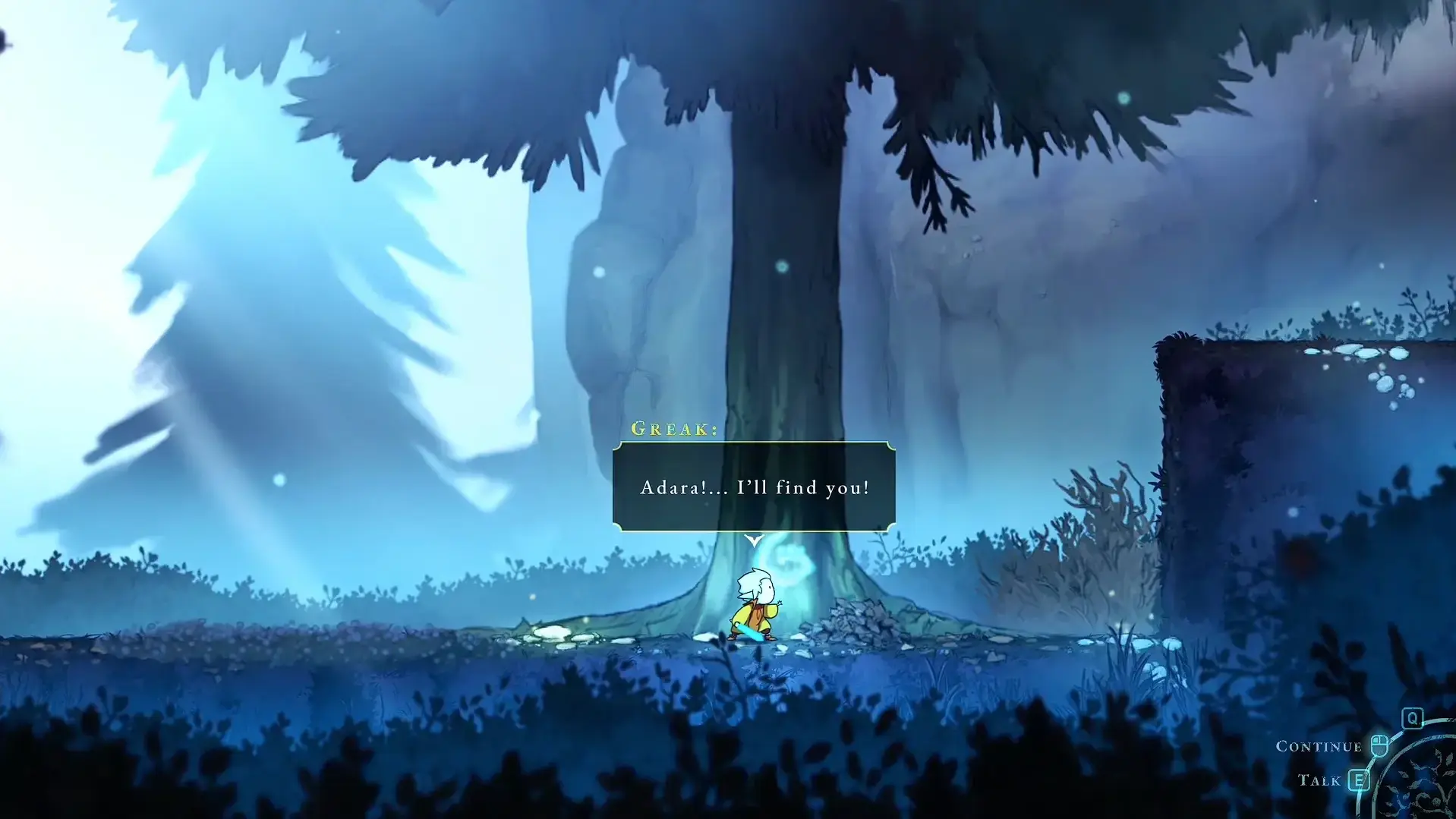 A close-up of the hand-drawn animation style, showing Greak interacting with an ancient relic.