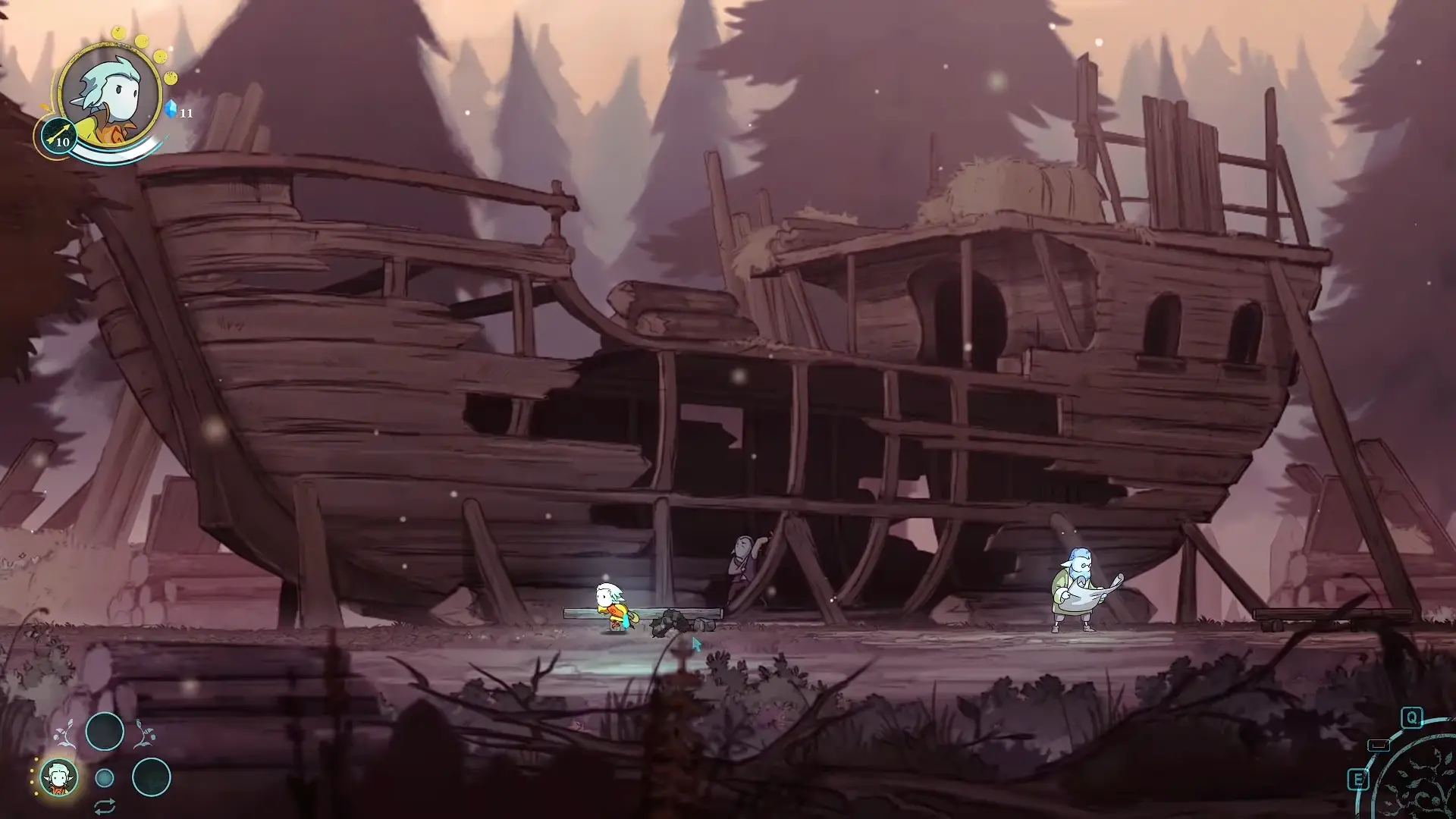 The Courine survivors working on the airship in the camp.