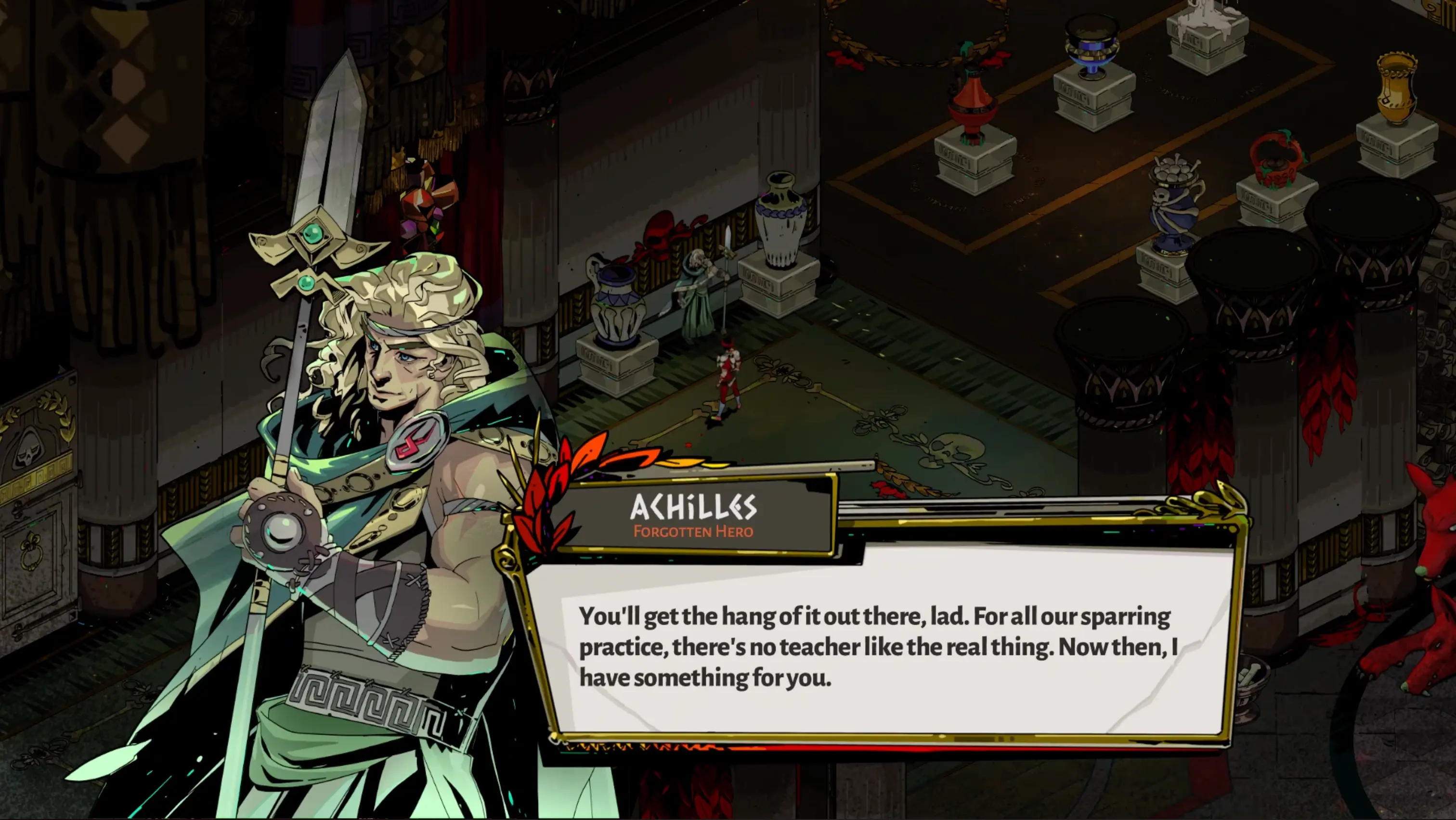 The legendary hero Achilles, standing quietly in the halls of the House of Hades, offering advice and codex entries to Zagreus.