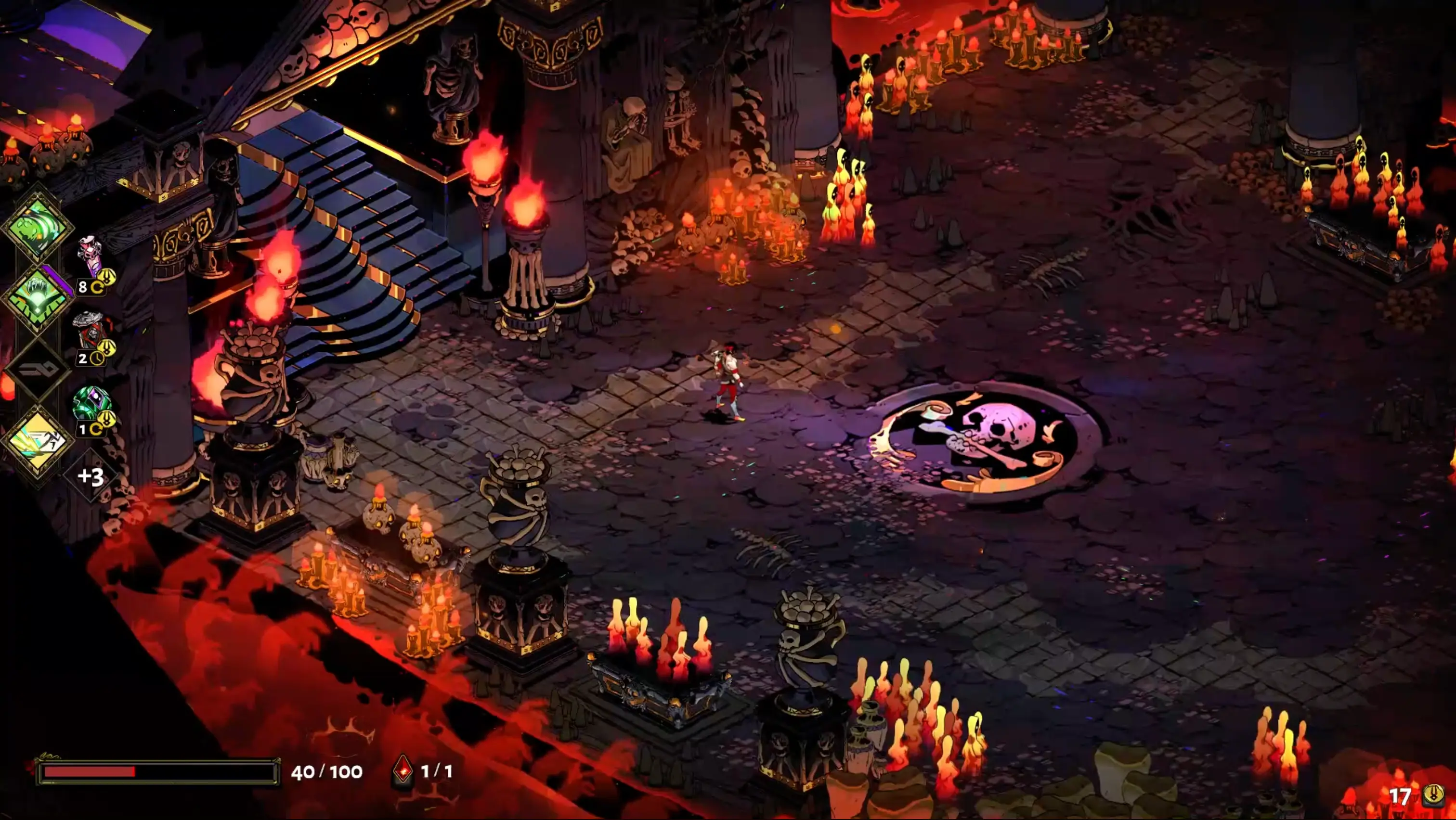 Zagreus dashing across small bone platforms suspended over a massive, brightly glowing ocean of orange magma in Asphodel.