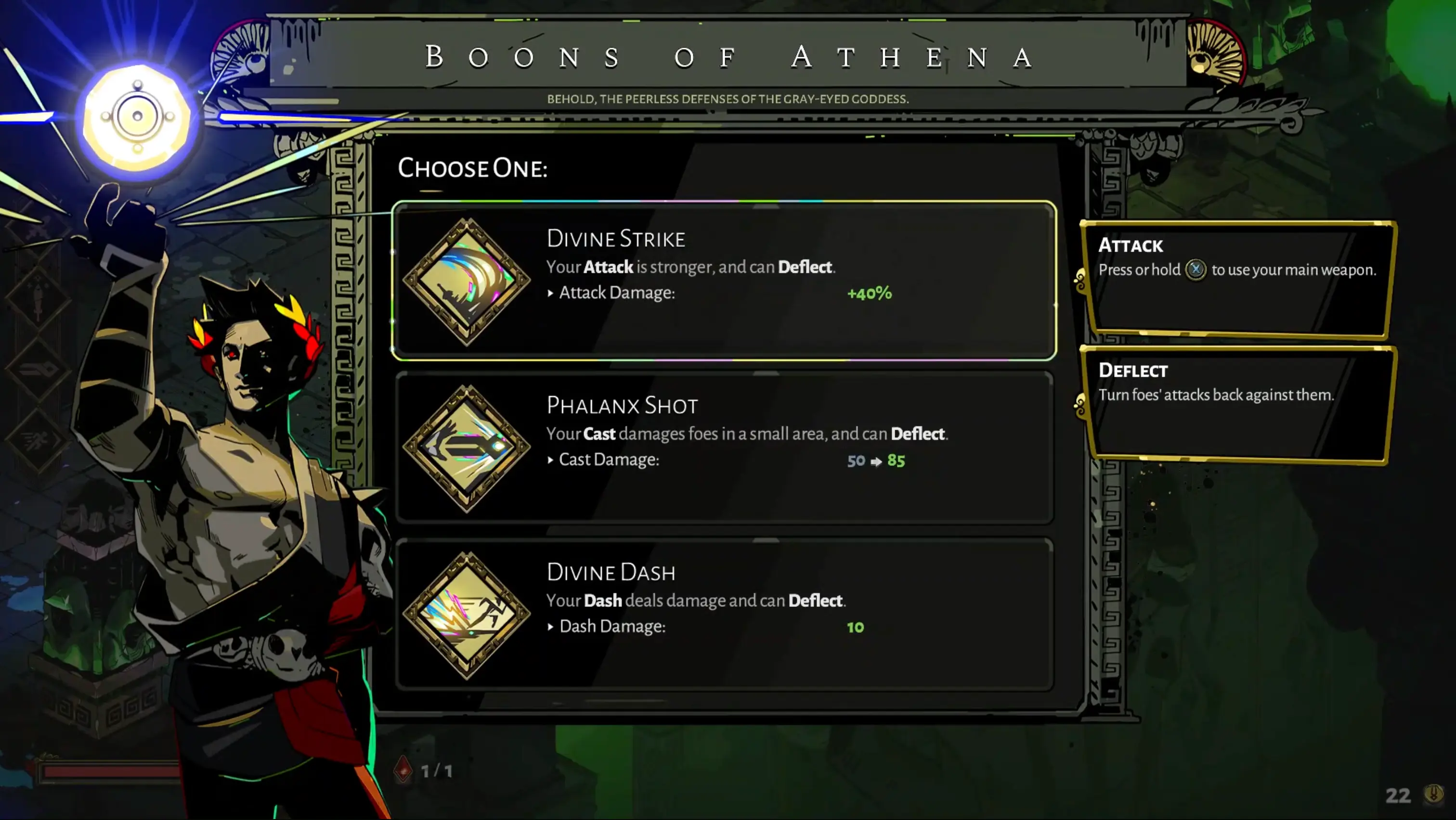 The UI showing a choice between three glowing Olympian Boons offered by Athena, providing tactical upgrades to Zagreus.