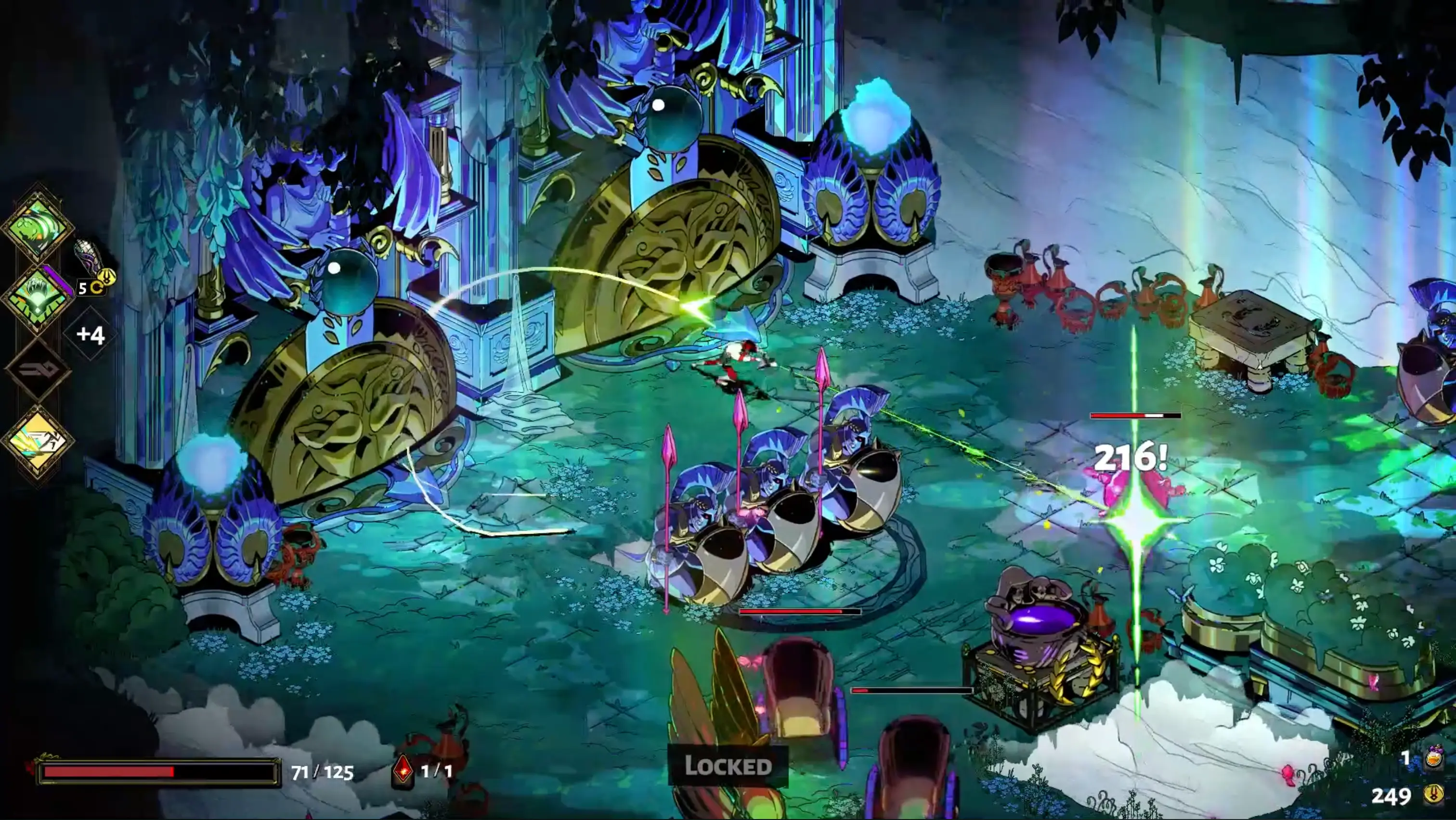 A frantic, colorful combat encounter in the vibrant, golden fields of Elysium, with Zagreus unleashing a massive area-of-effect attack.