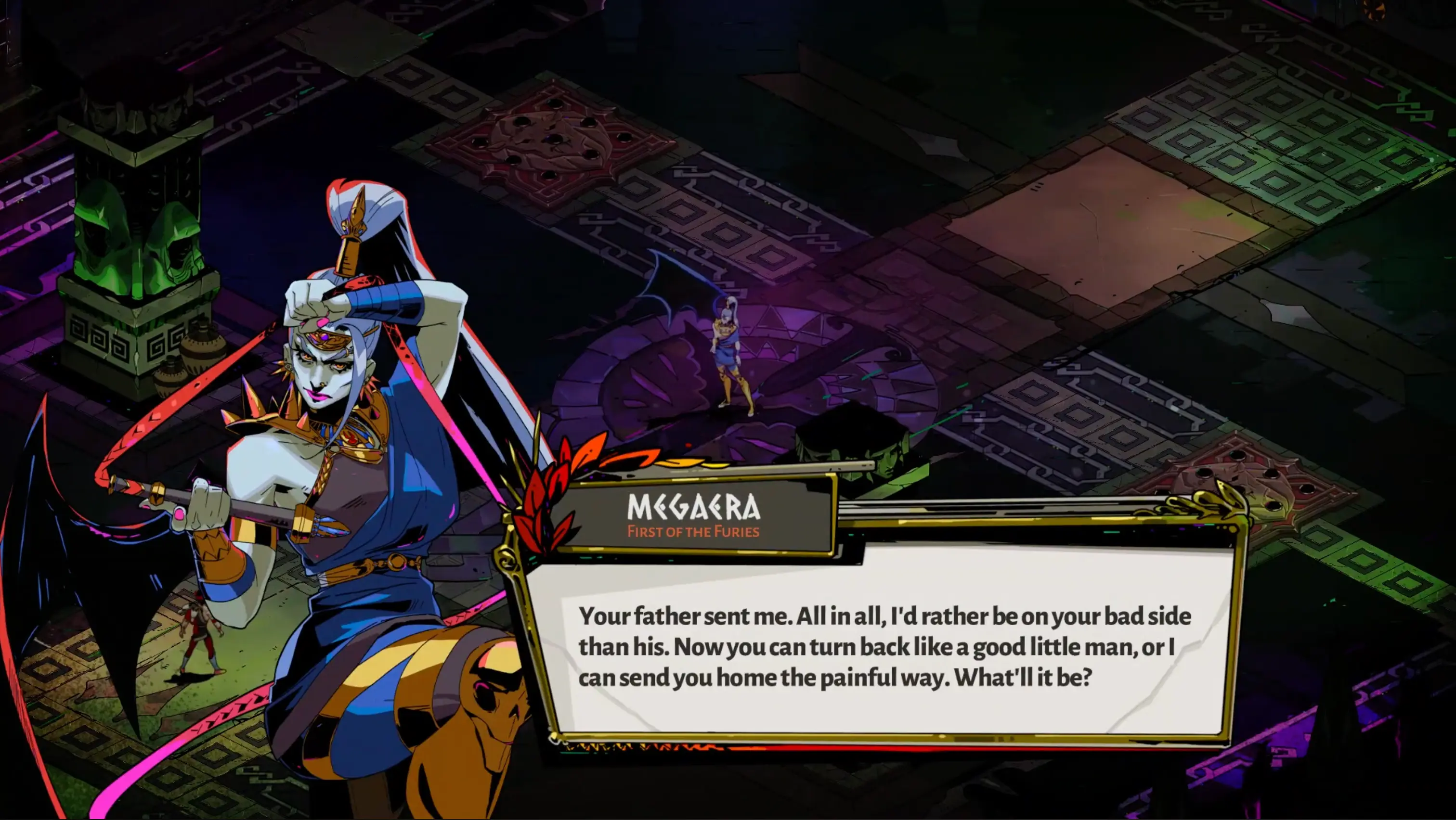 A visual novel-style dialogue sequence showing the First of the Furies, Megaera, smirking at Zagreus before a boss fight.