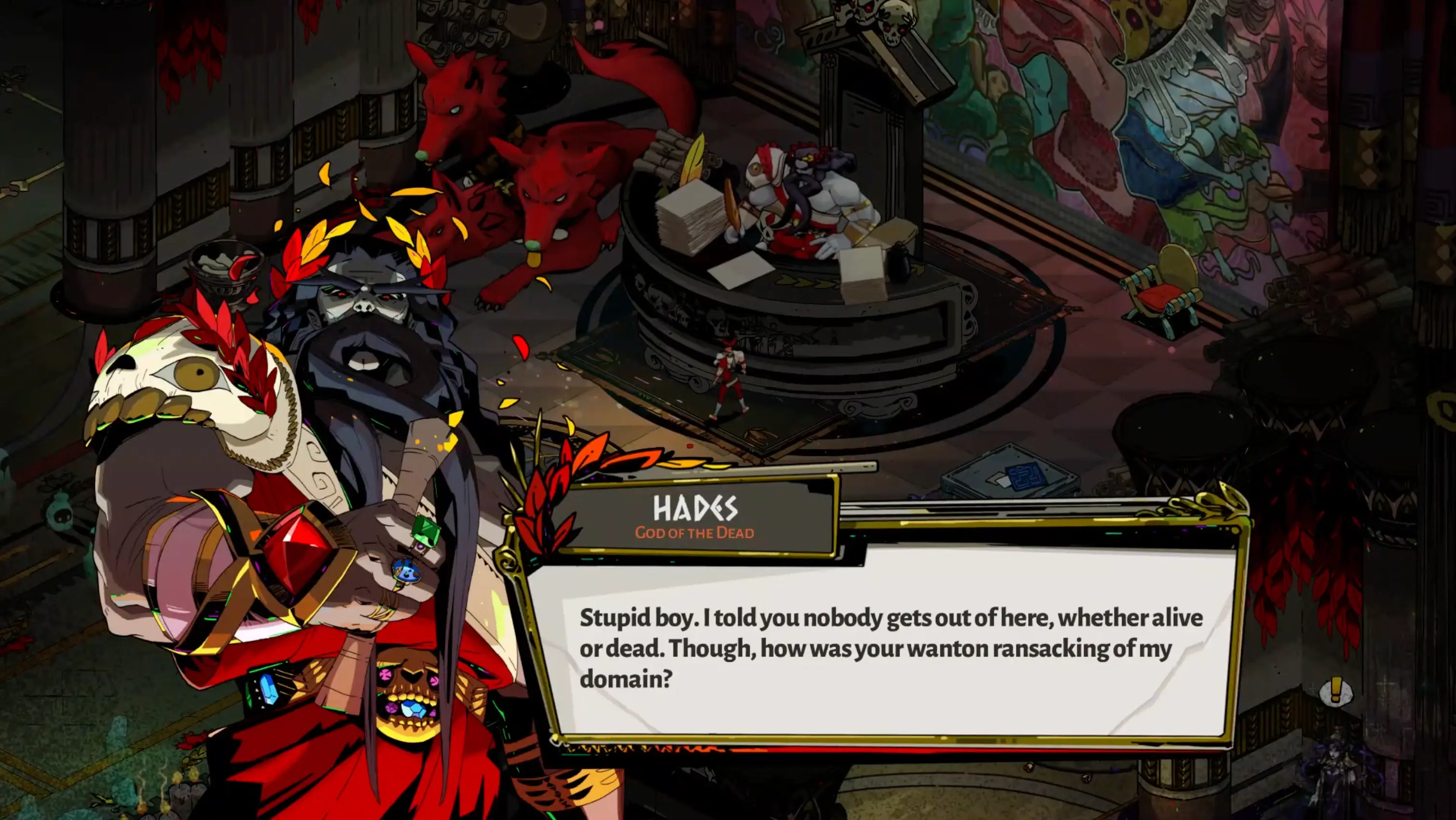The bustling, opulent hub world of the House of Hades, where the Lord of the Dead sits menacingly at his massive desk.