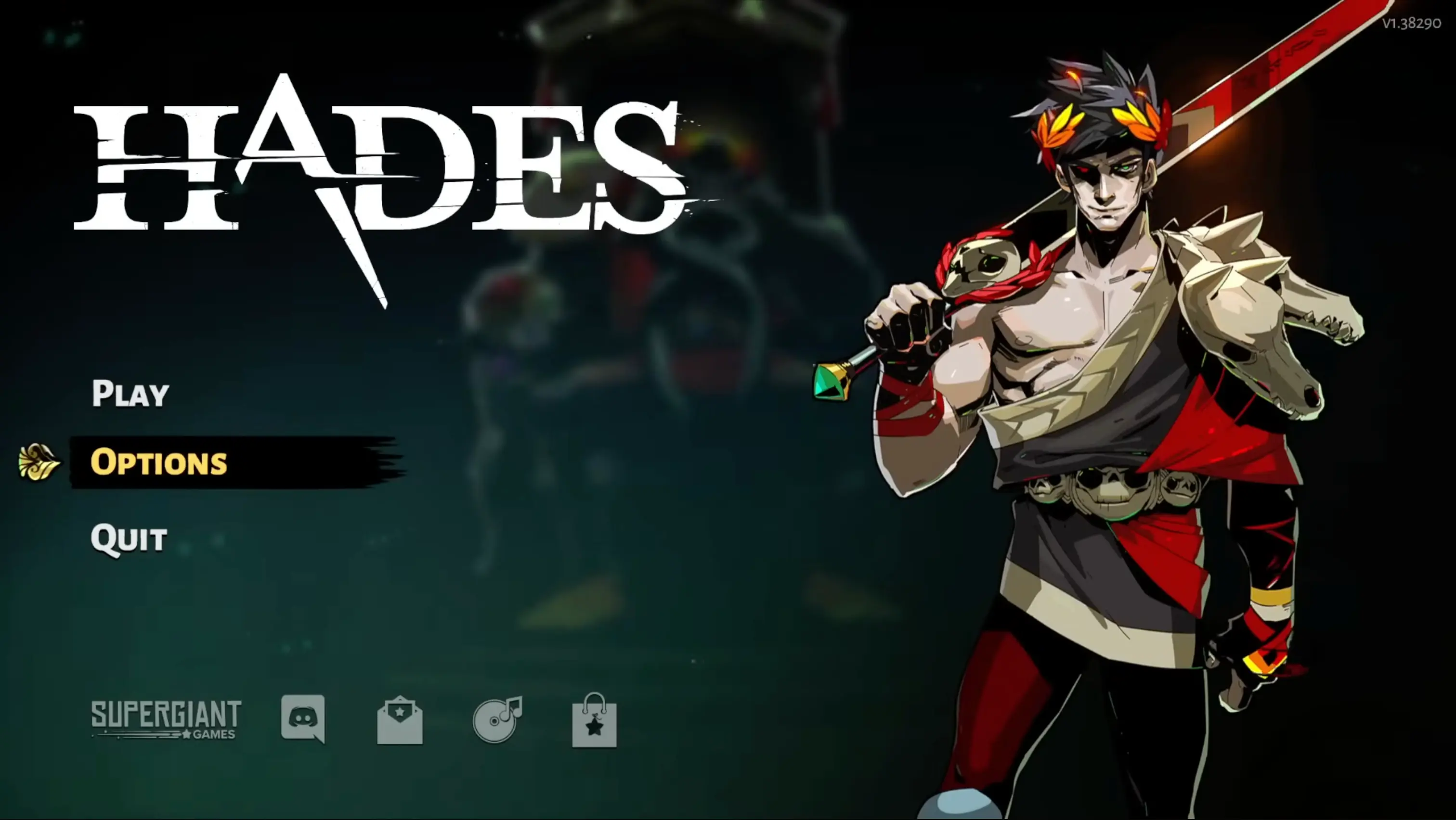 The iconic main menu of Hades, showing a dark, stylized silhouette of Zagreus surrounded by the weapons of the Underworld.