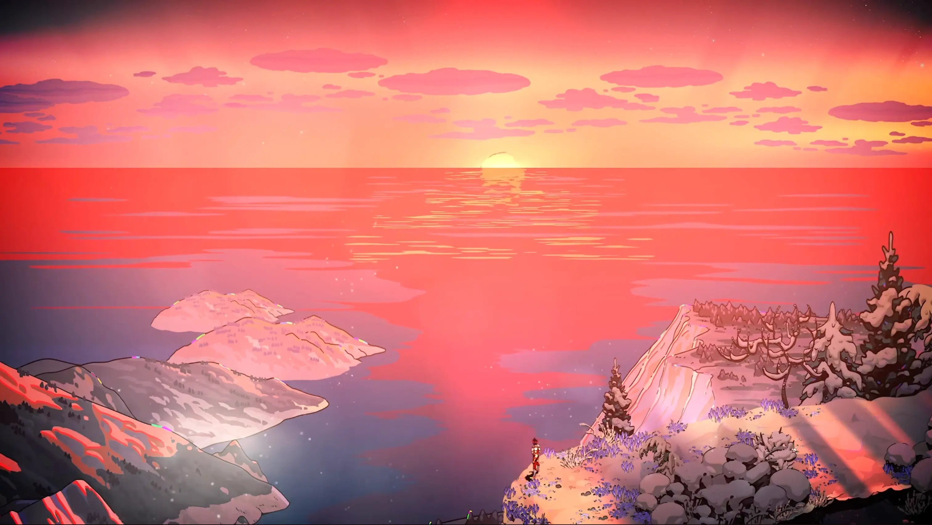 A breathtaking view of the snowy surface world, with a beautiful sunrise breaking over the mountains, representing the ultimate goal.