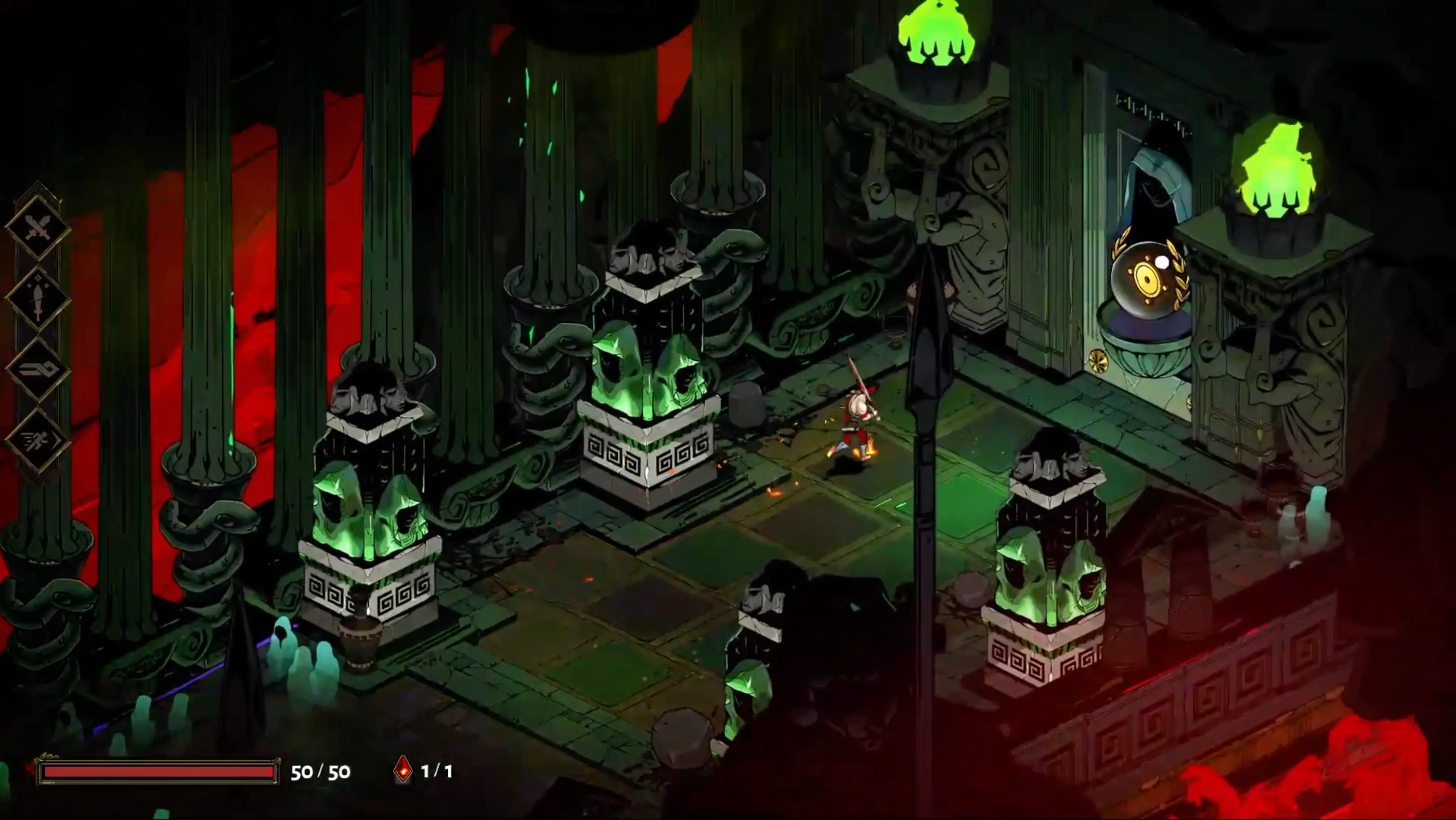 Zagreus standing fiercely in the dark, green-hued chambers of Tartarus, holding his flaming sword, the Stygian Blade.