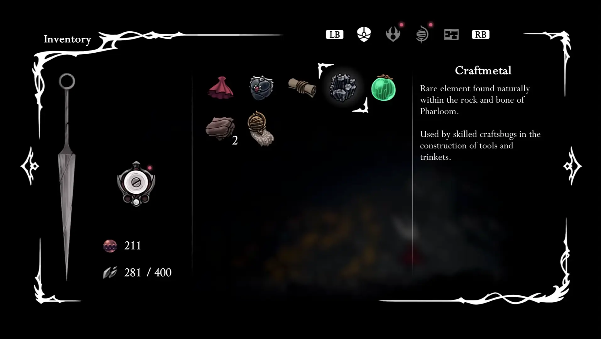A look at the new crafting menu showing various tools and traps Hornet can create.
